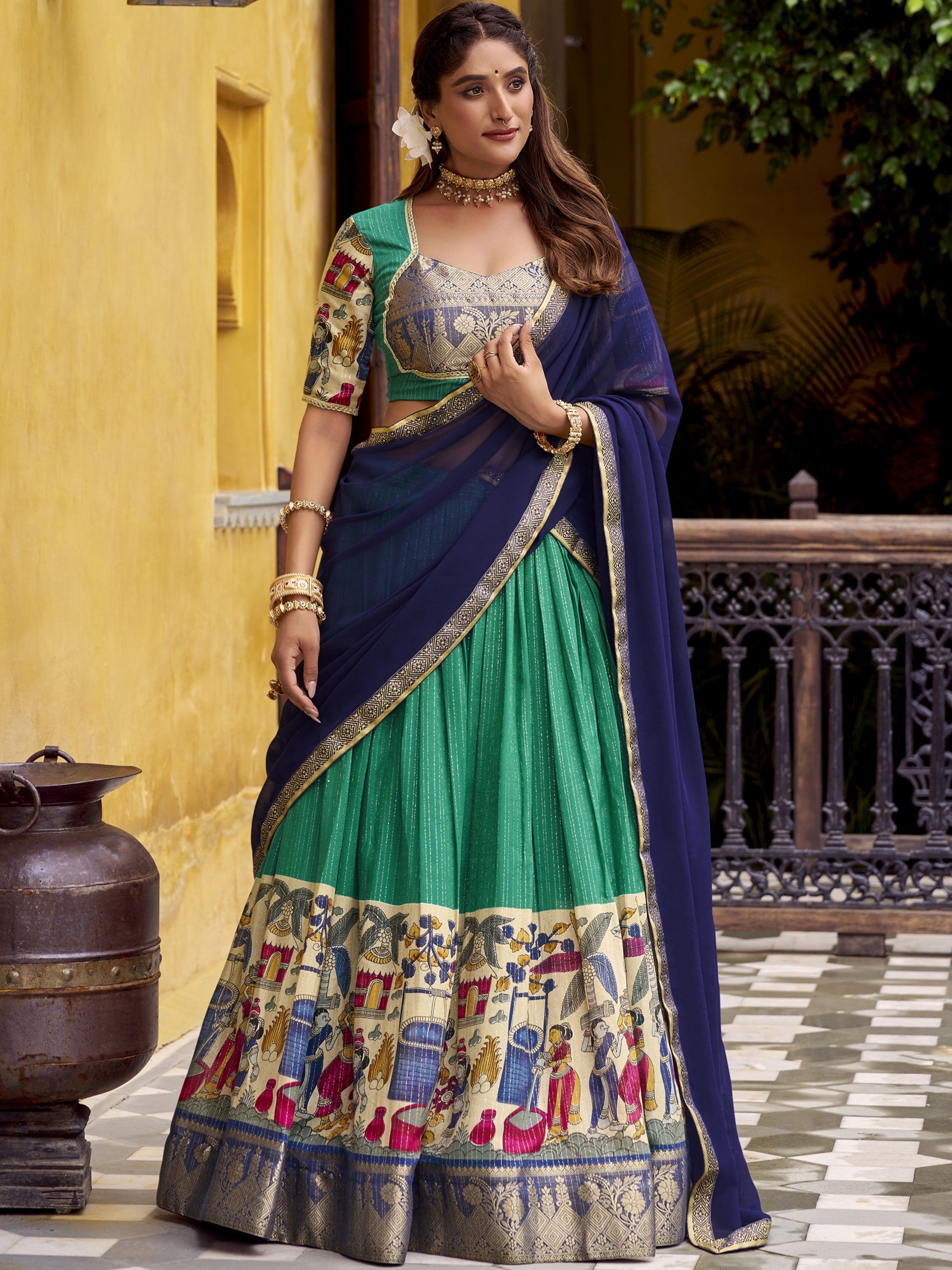 Chanderi Kalamkari Printed Lehenga With Georgette Dupatta