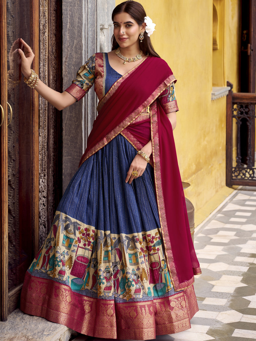 Chanderi Kalamkari Printed Lehenga With Georgette Dupatta