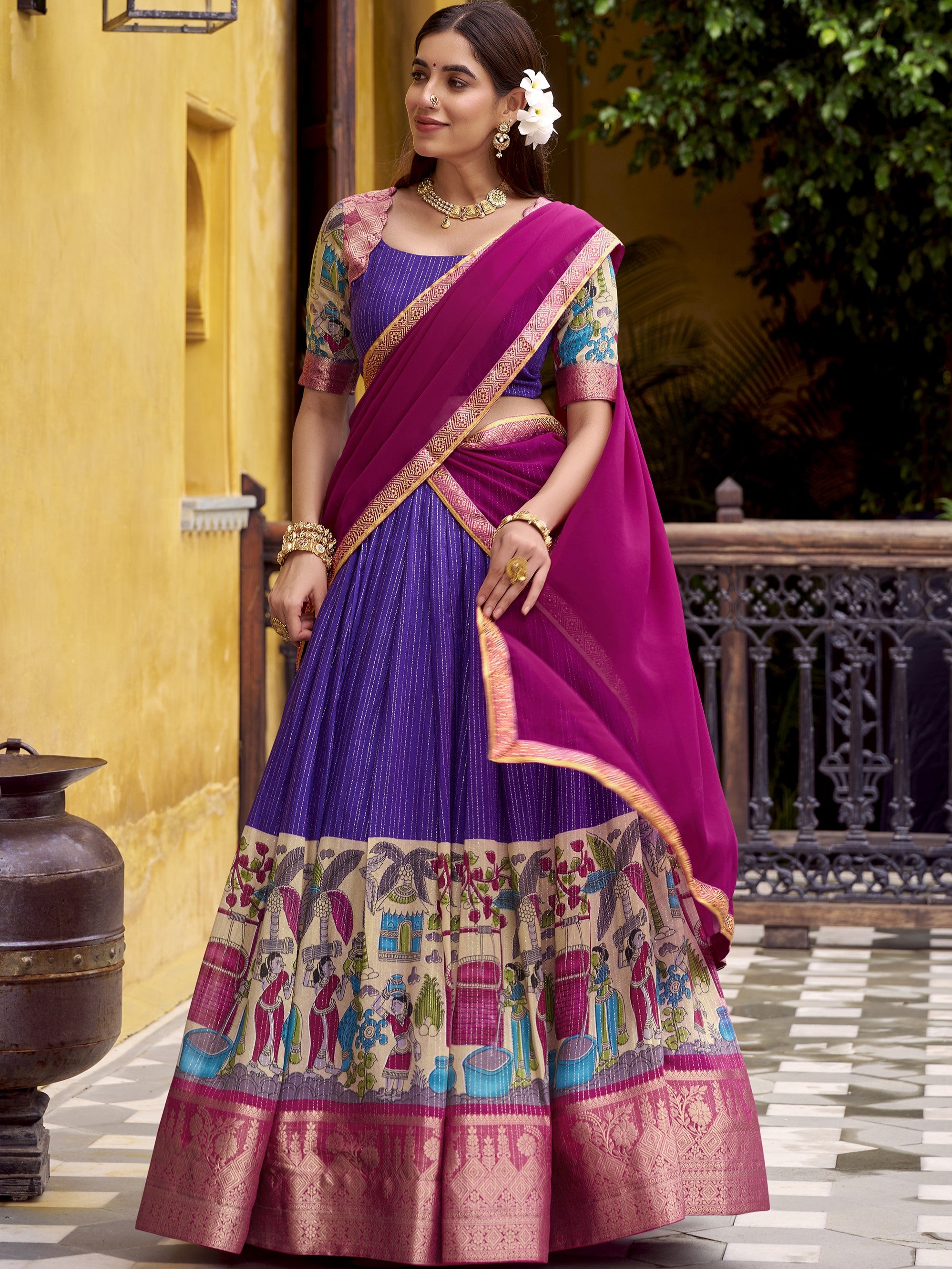 Chanderi Kalamkari Printed Lehenga With Georgette Dupatta