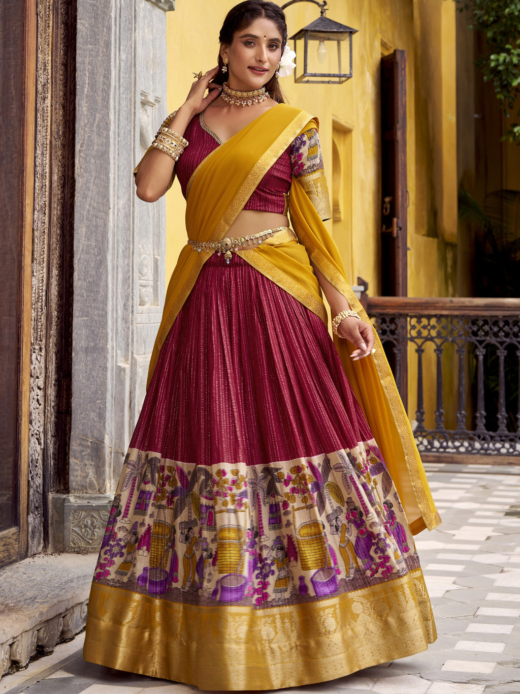 Chanderi Kalamkari Printed Lehenga With Georgette Dupatta