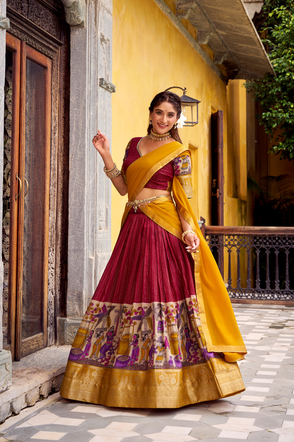 Chanderi Kalamkari Printed Lehenga With Georgette Dupatta