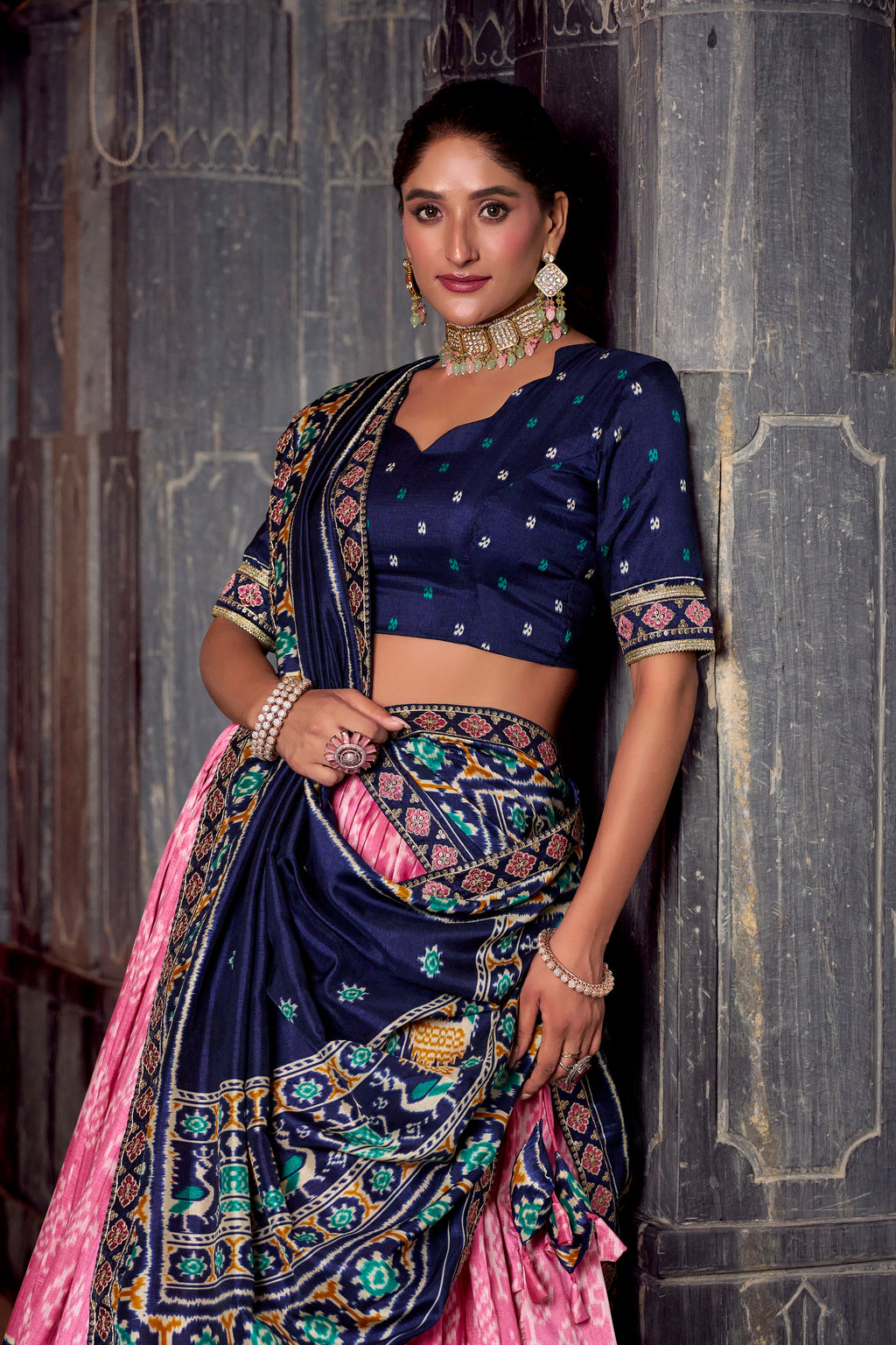 Tussar Silk Ikkat Printed Lehenga With Dupatta