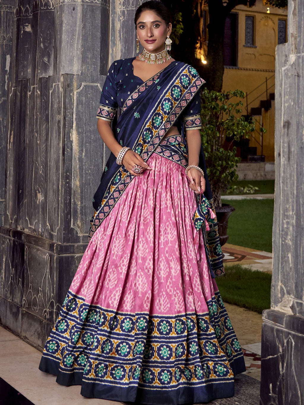 Tussar Silk Ikkat Printed Lehenga With Dupatta