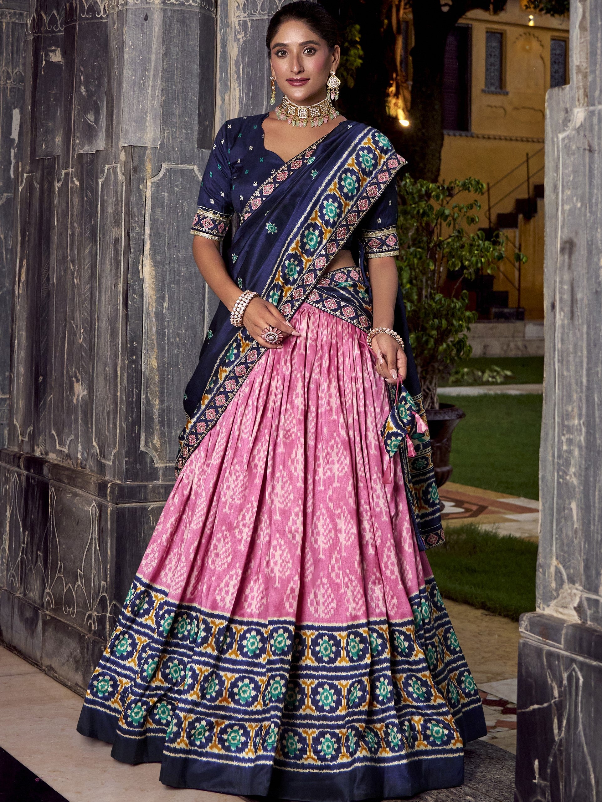 Tussar Silk Ikkat Printed Lehenga With Dupatta