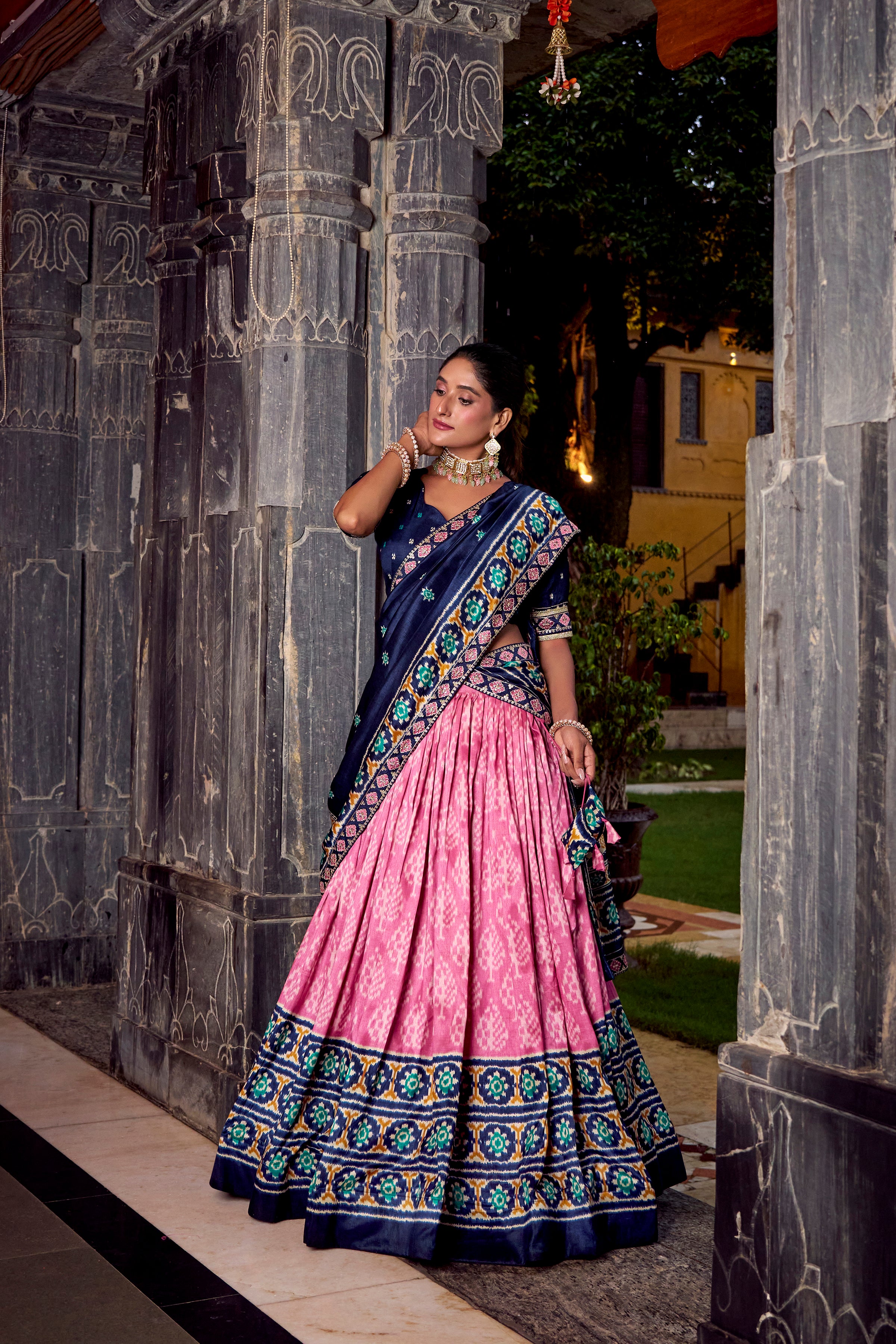 Tussar Silk Ikkat Printed Lehenga With Dupatta