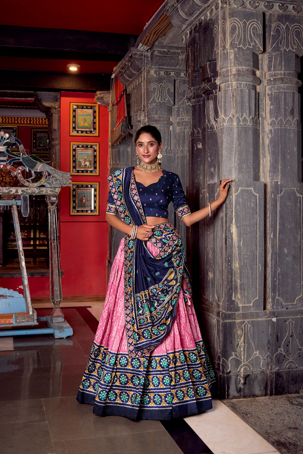 Tussar Silk Ikkat Printed Lehenga With Dupatta