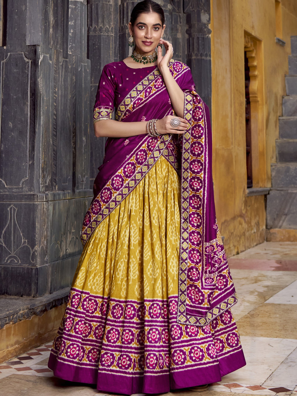 Tussar Silk Ikkat Printed Lehenga With Dupatta