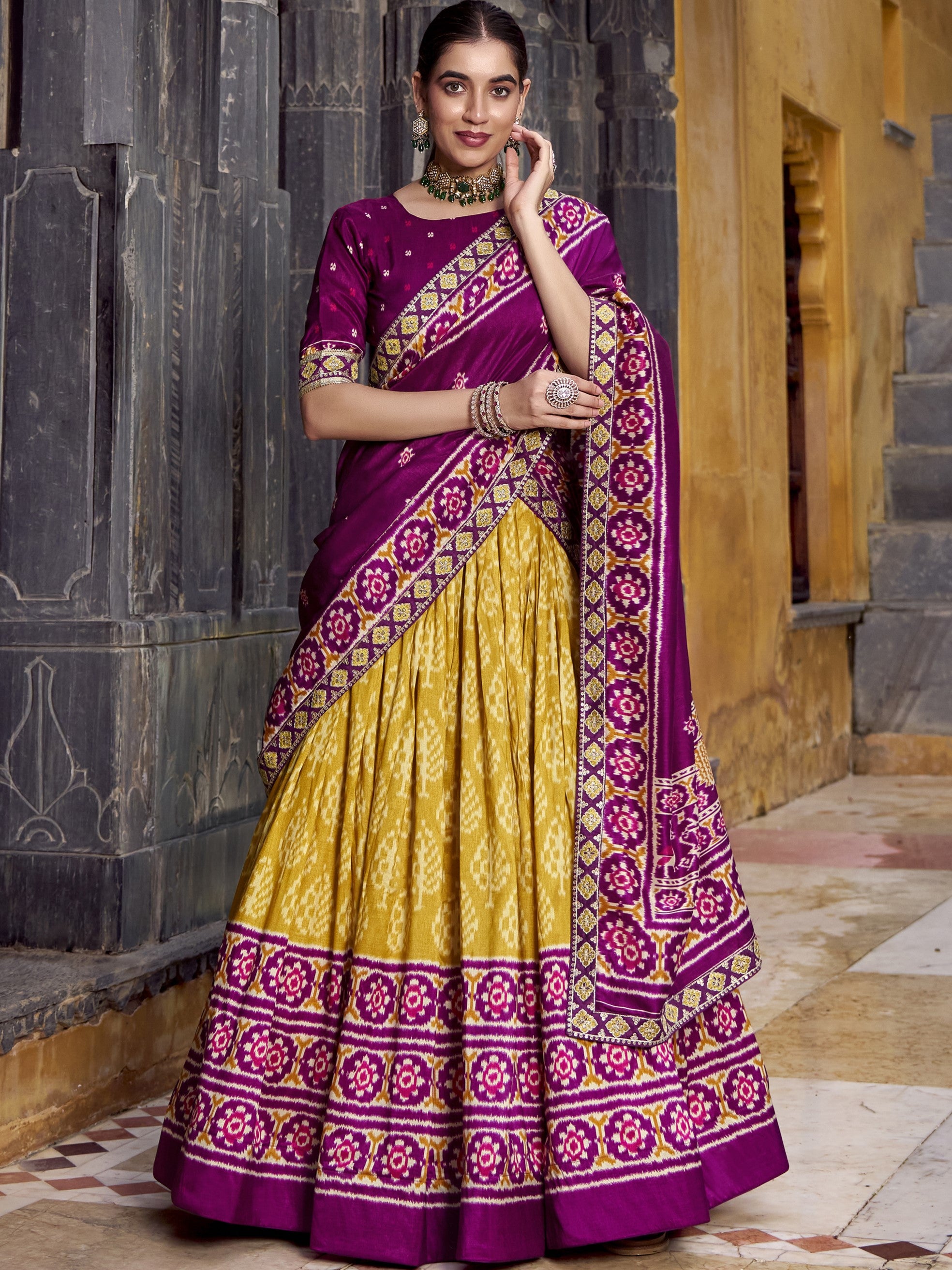 Tussar Silk Ikkat Printed Lehenga With Dupatta