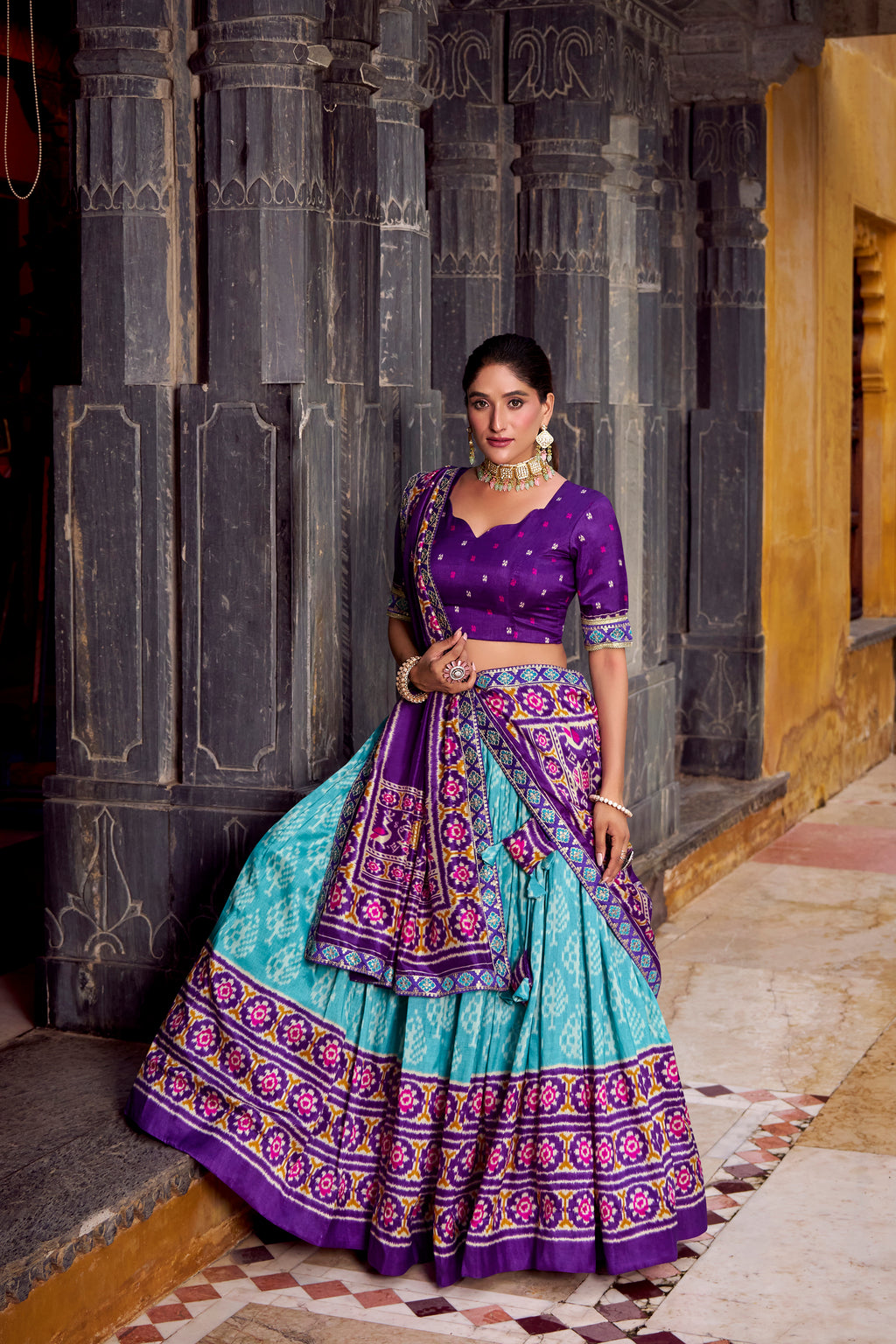 Tussar Silk Ikkat Printed Lehenga With Dupatta