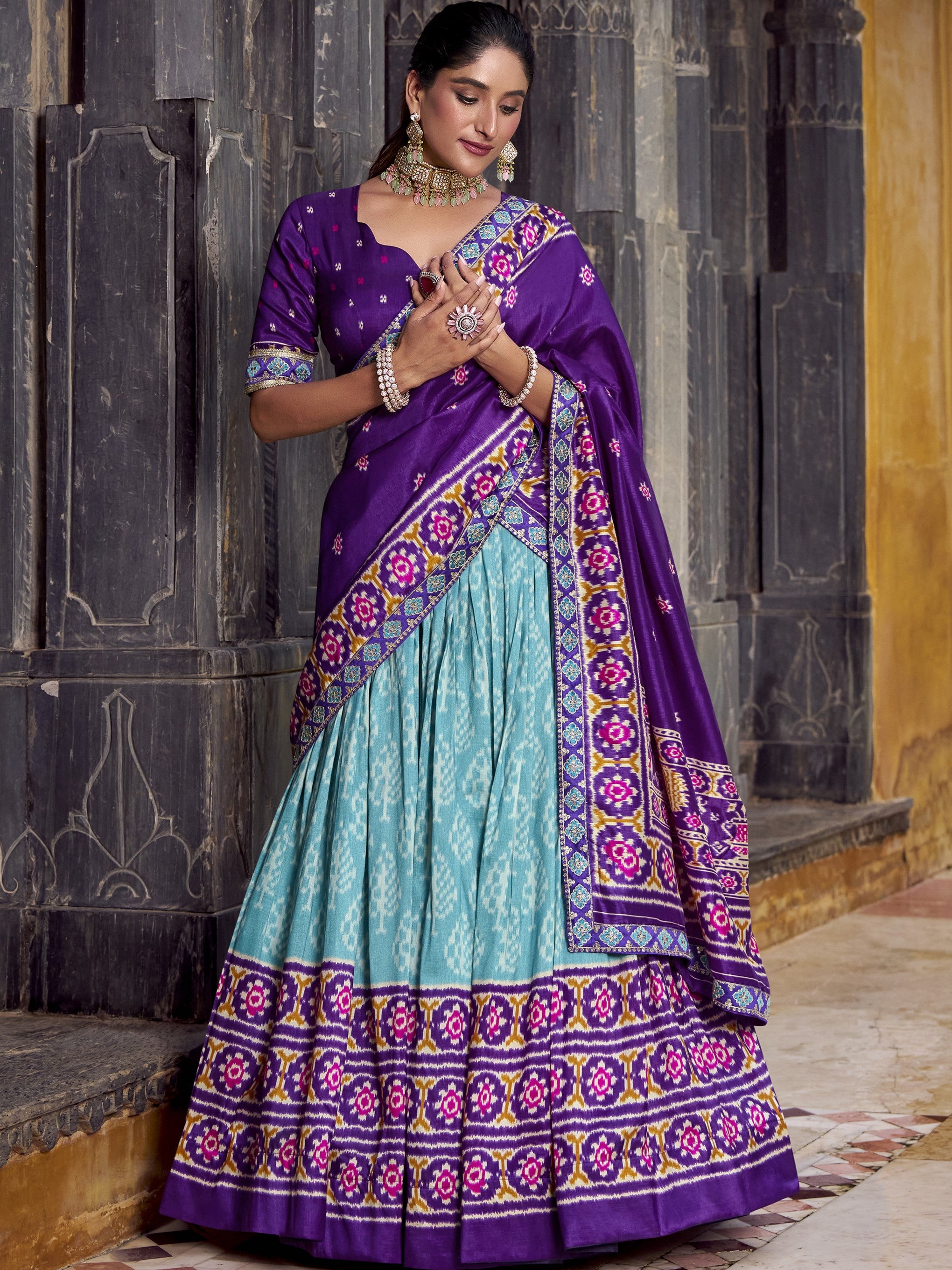 Tussar Silk Ikkat Printed Lehenga With Dupatta
