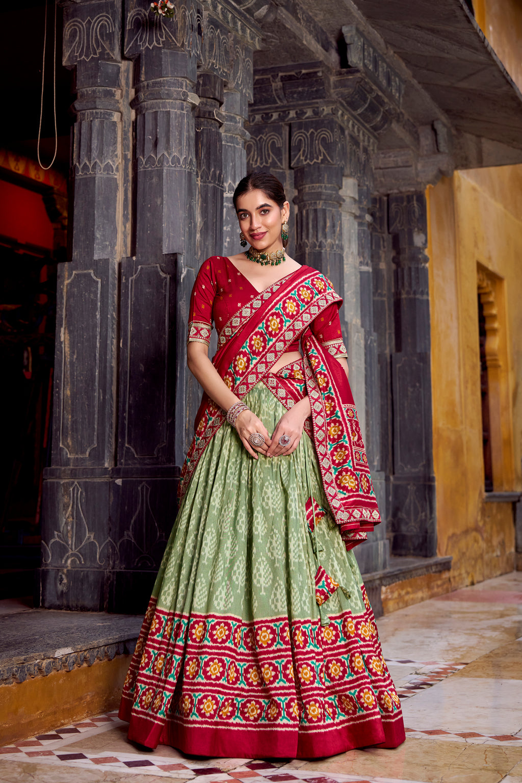 Tussar Silk Ikkat Printed Lehenga With Dupatta