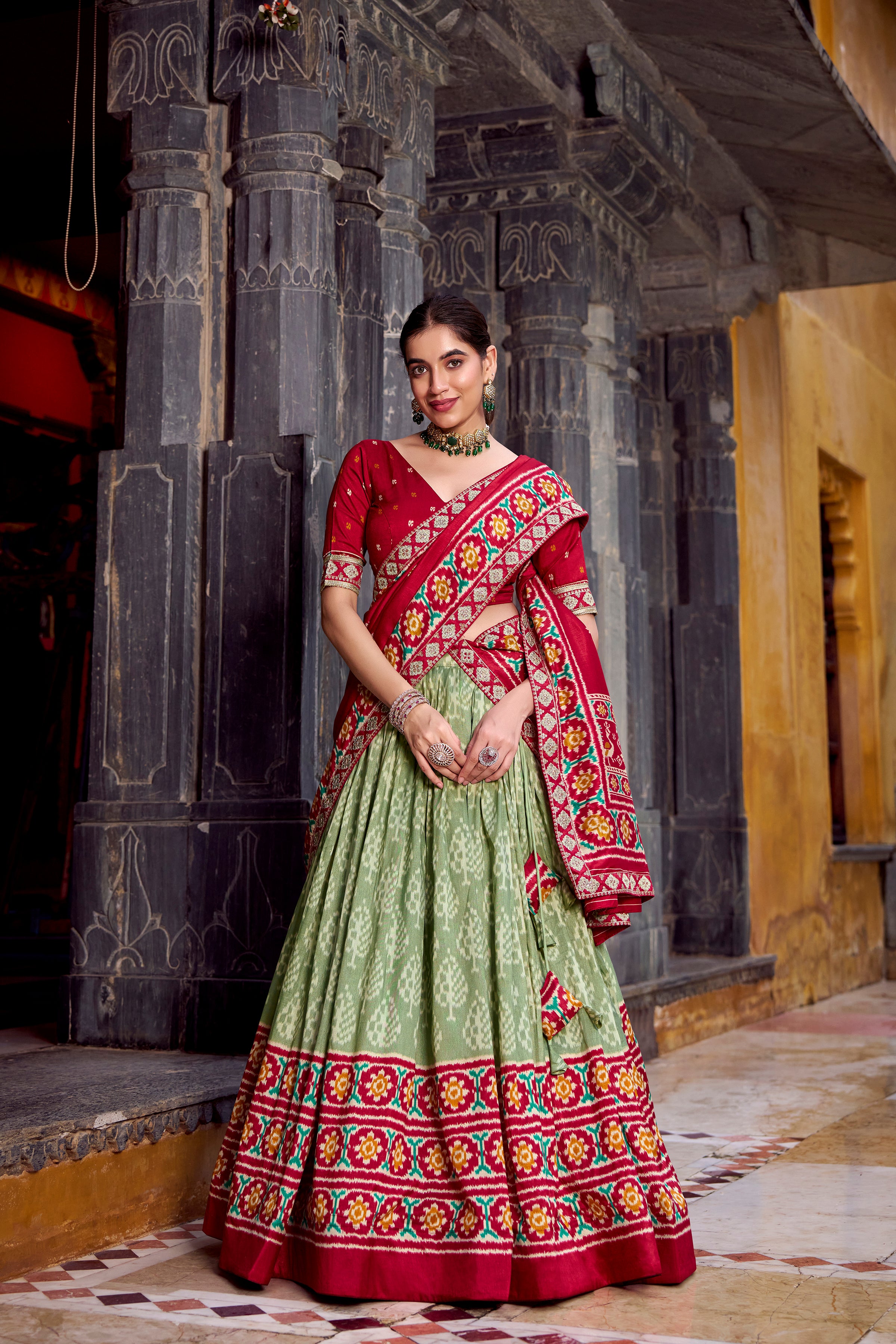 Tussar Silk Ikkat Printed Lehenga With Dupatta