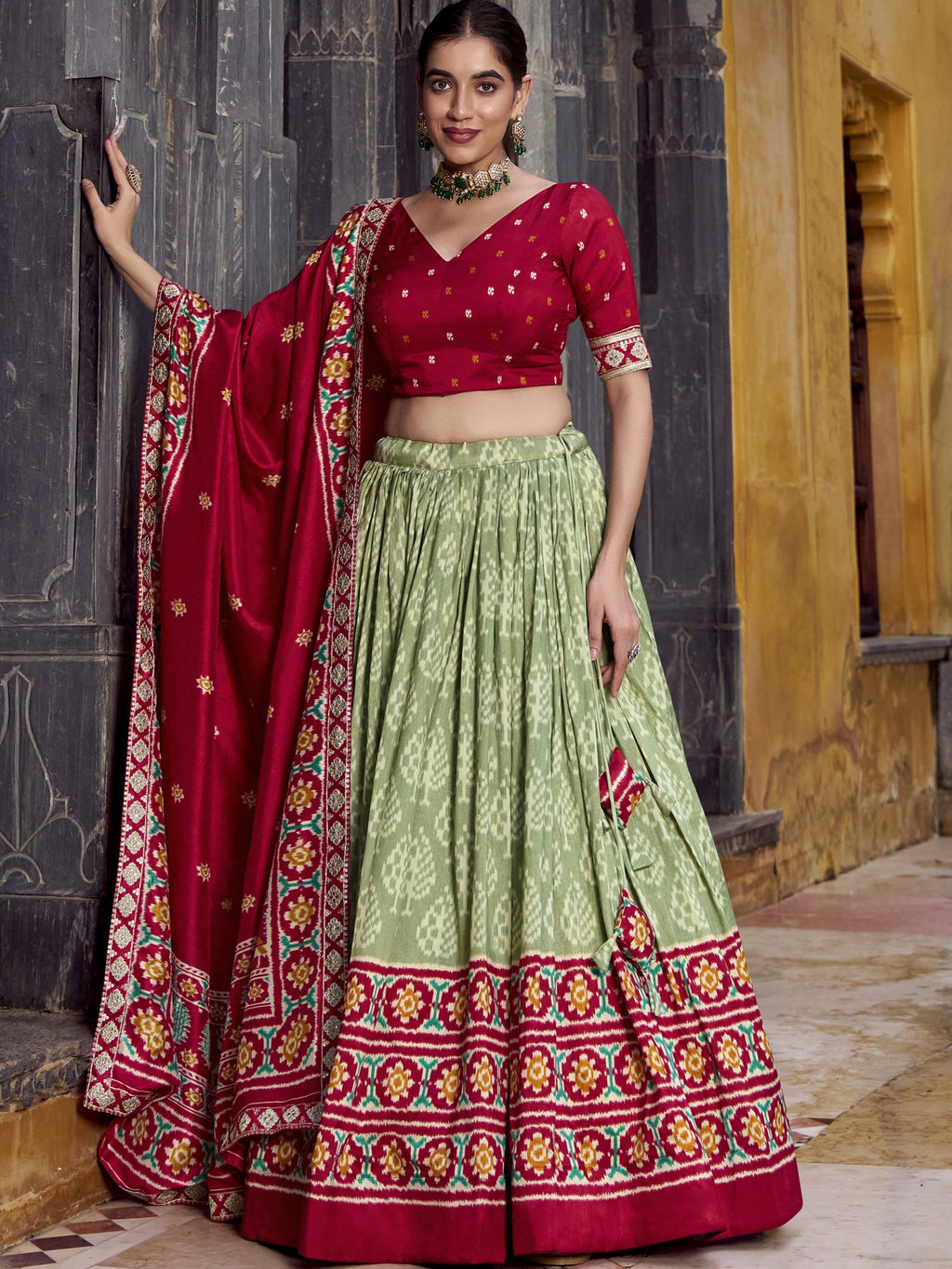 Tussar Silk Ikkat Printed Lehenga With Dupatta