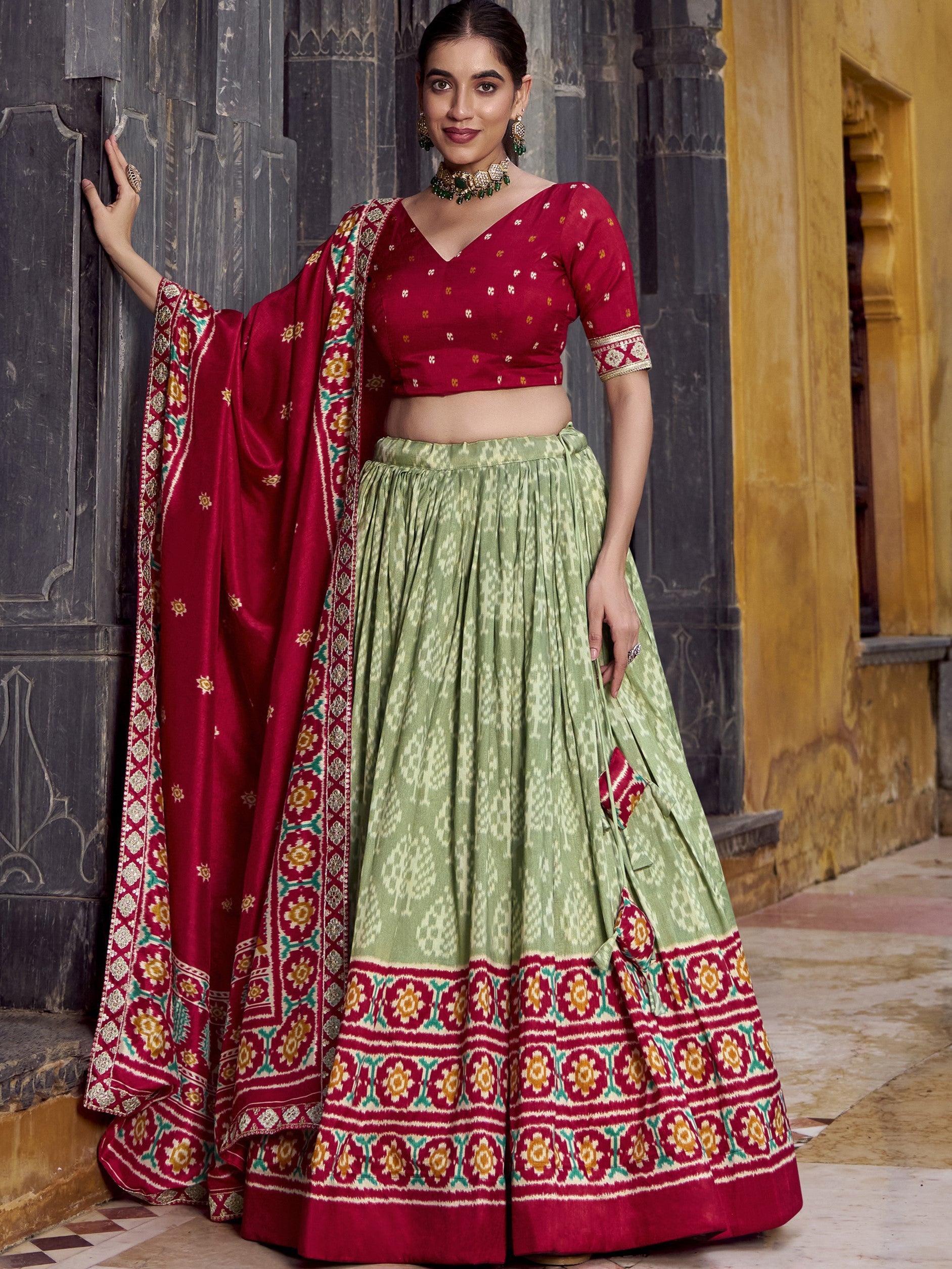 Tussar Silk Ikkat Printed Lehenga With Dupatta