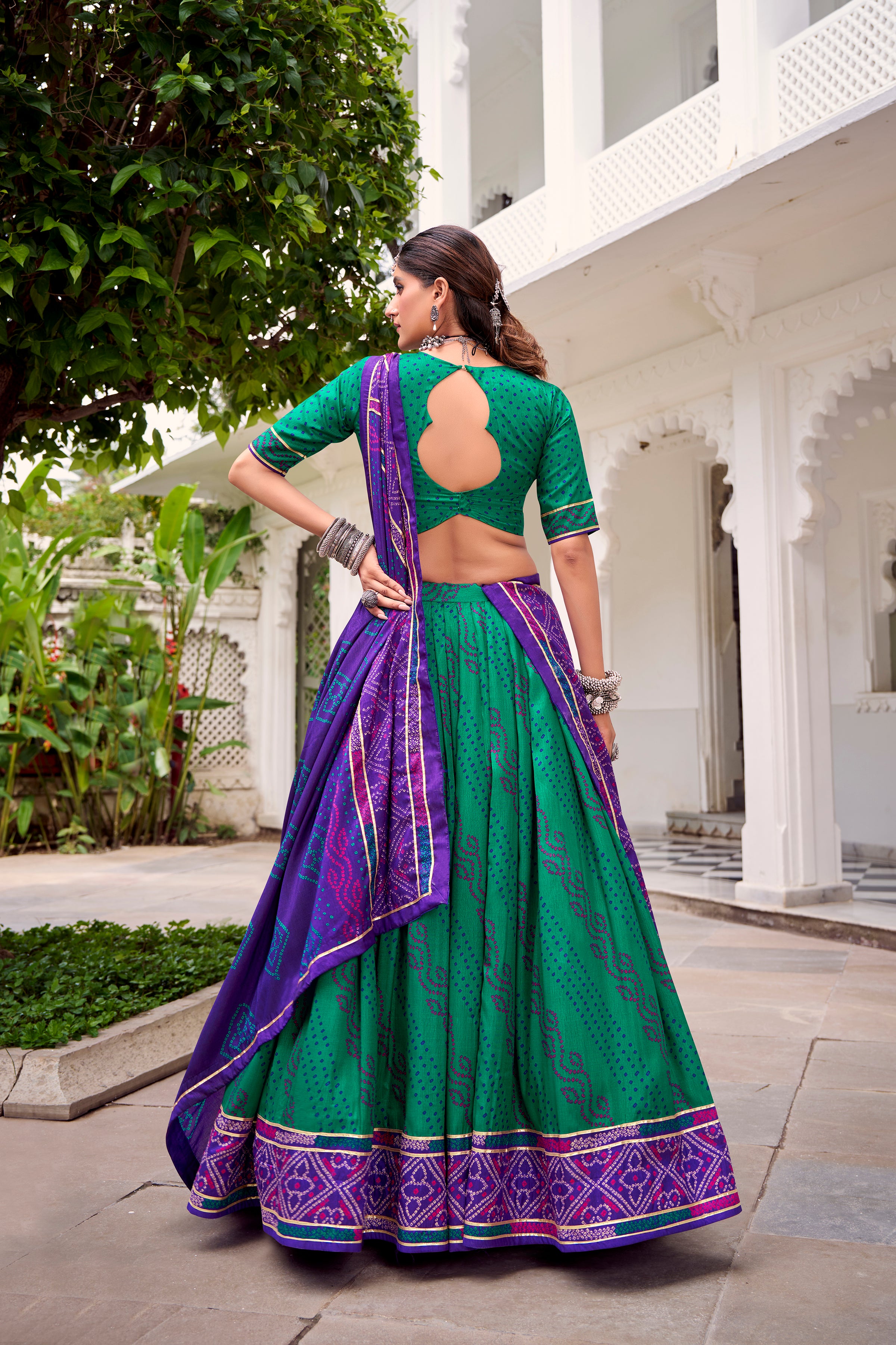 Tussar Silk Bandhej Printed Lehenga With Dupatta