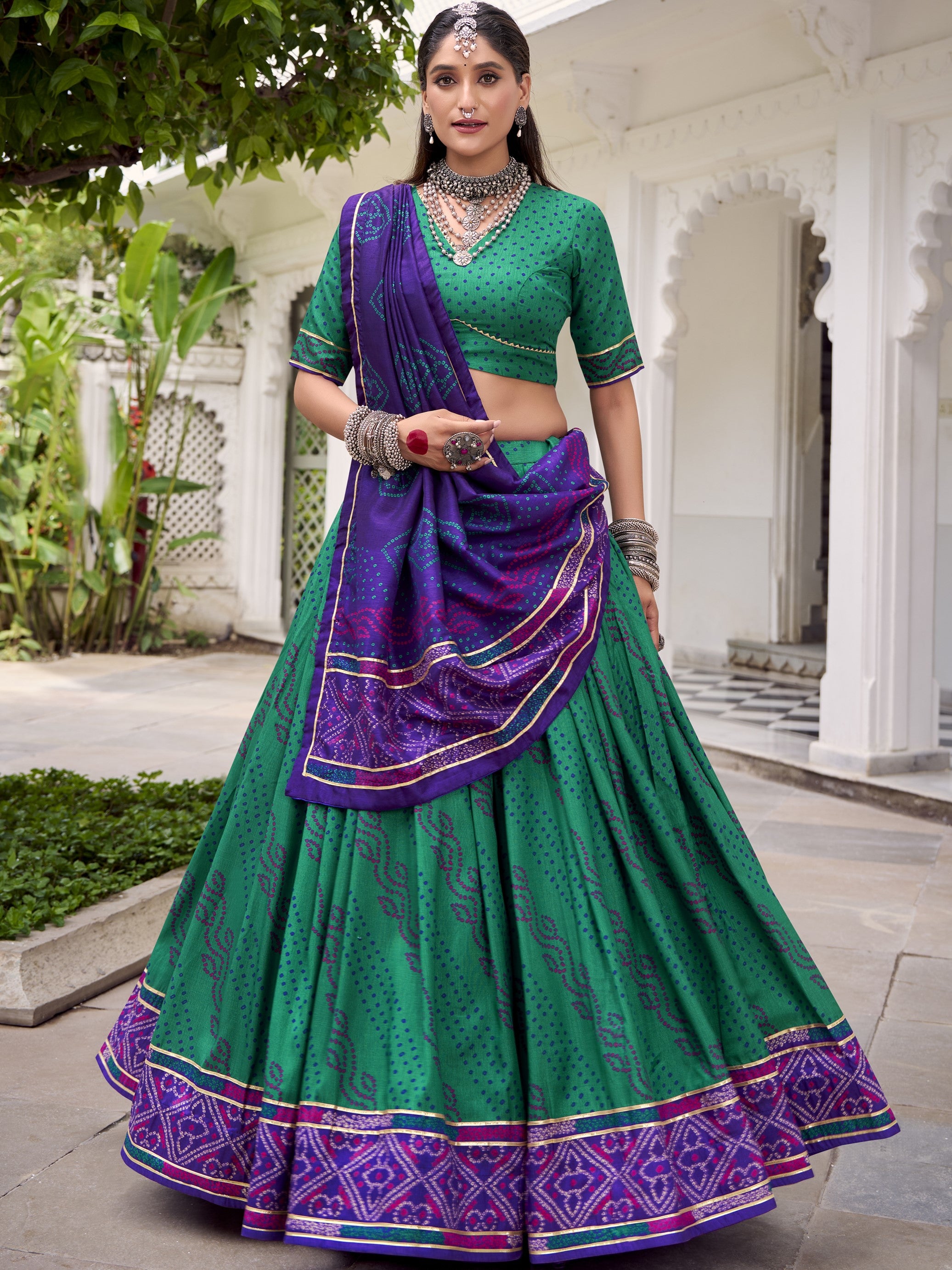 Tussar Silk Bandhej Printed Lehenga With Dupatta