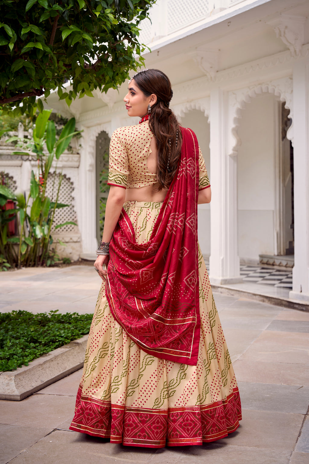 Tussar Silk Bandhej Printed Lehenga With Dupatta
