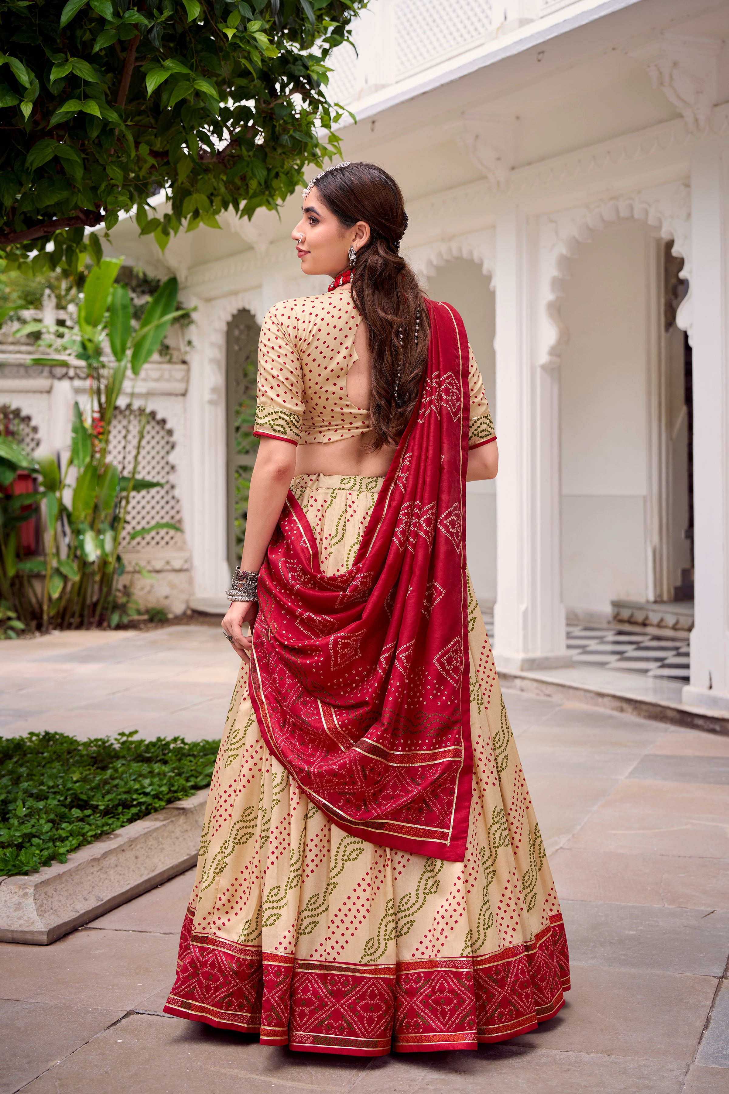 Tussar Silk Bandhej Printed Lehenga With Dupatta