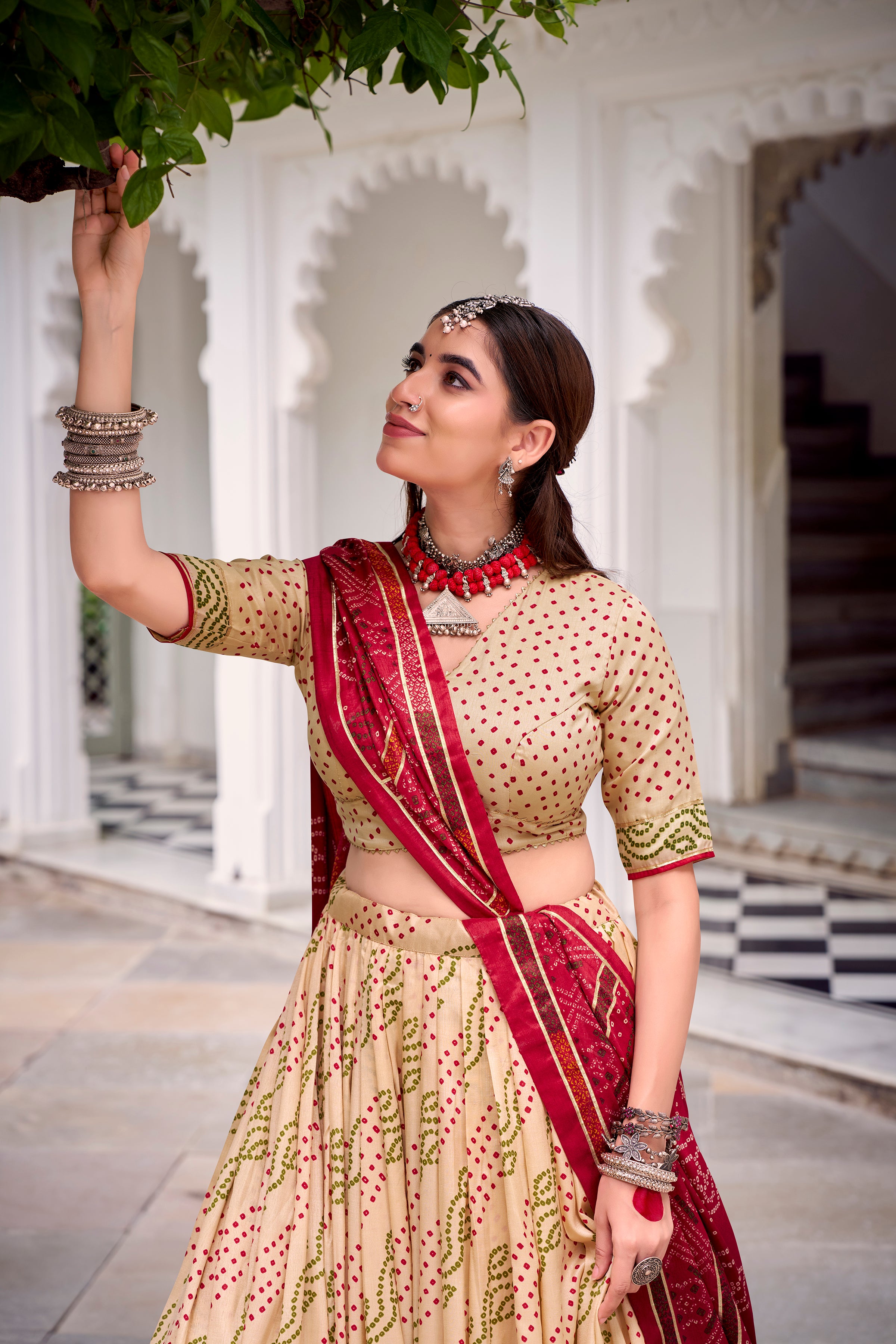 Tussar Silk Bandhej Printed Lehenga With Dupatta