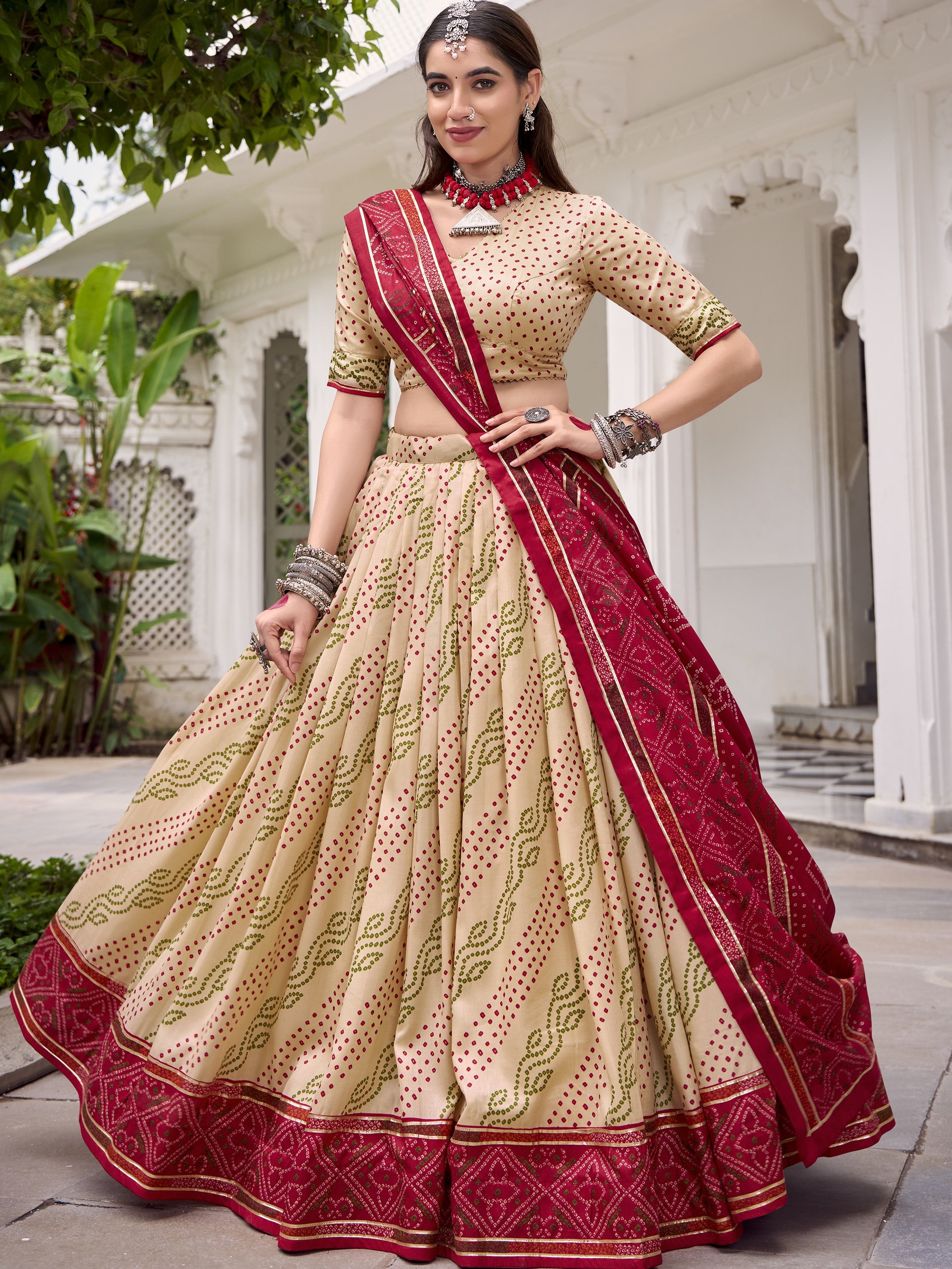 Tussar Silk Bandhej Printed Lehenga With Dupatta