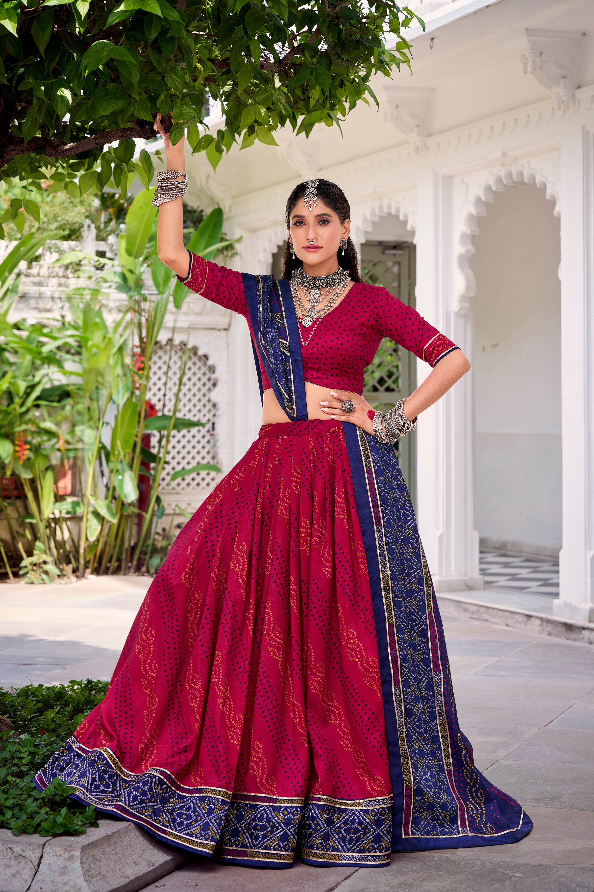 Tussar Silk Bandhej Printed Lehenga With Dupatta
