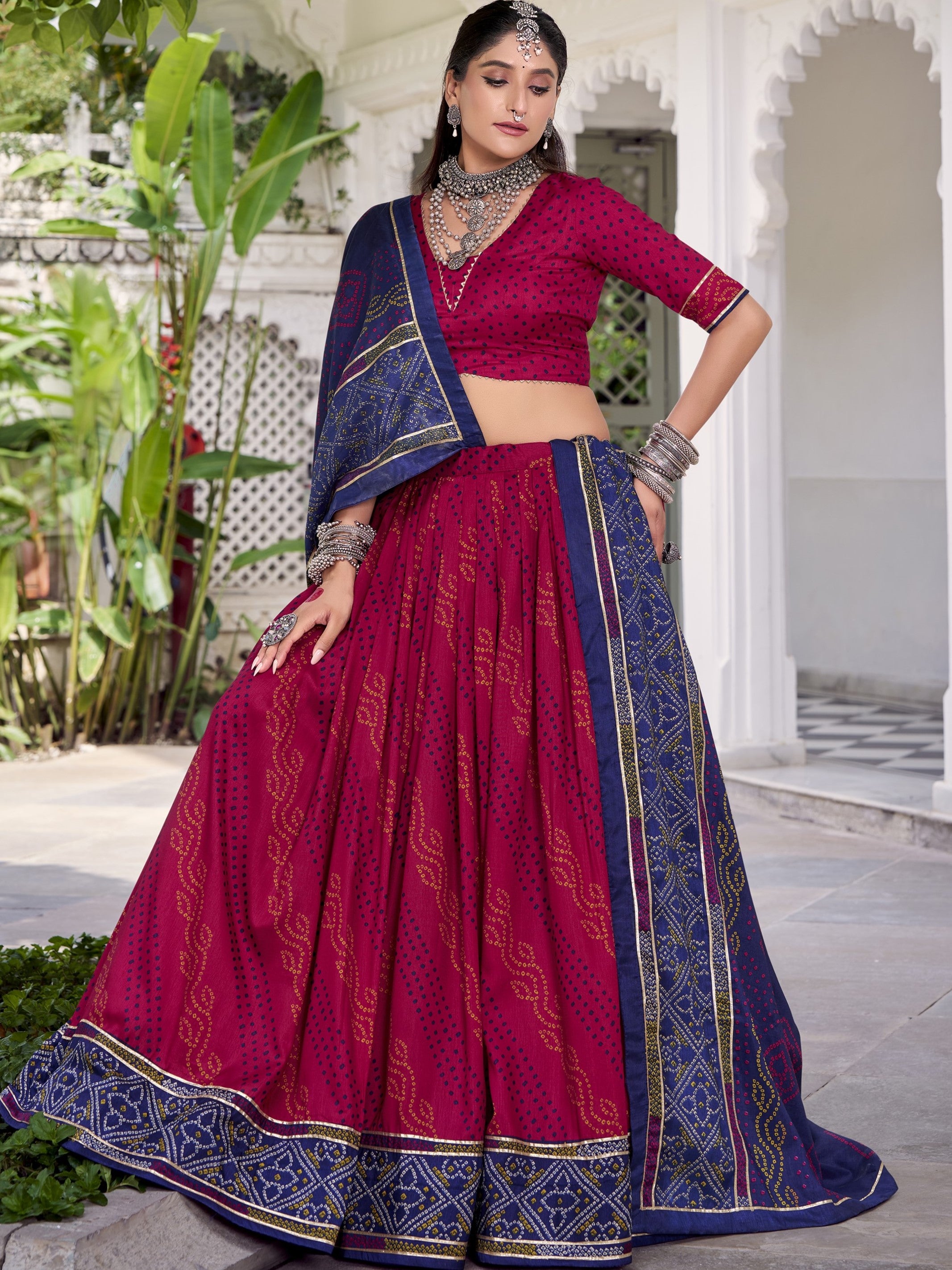Tussar Silk Bandhej Printed Lehenga With Dupatta