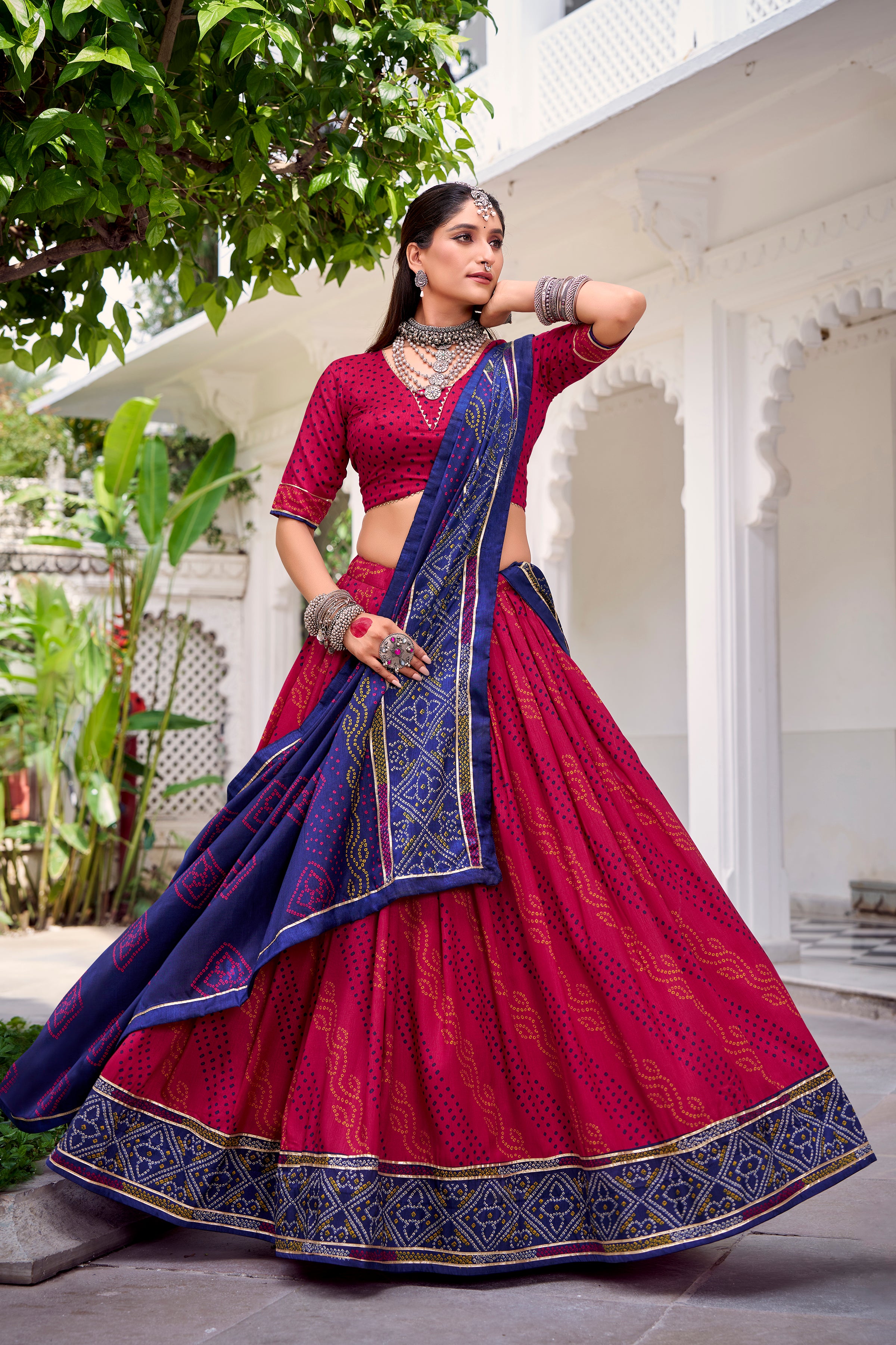 Tussar Silk Bandhej Printed Lehenga With Dupatta