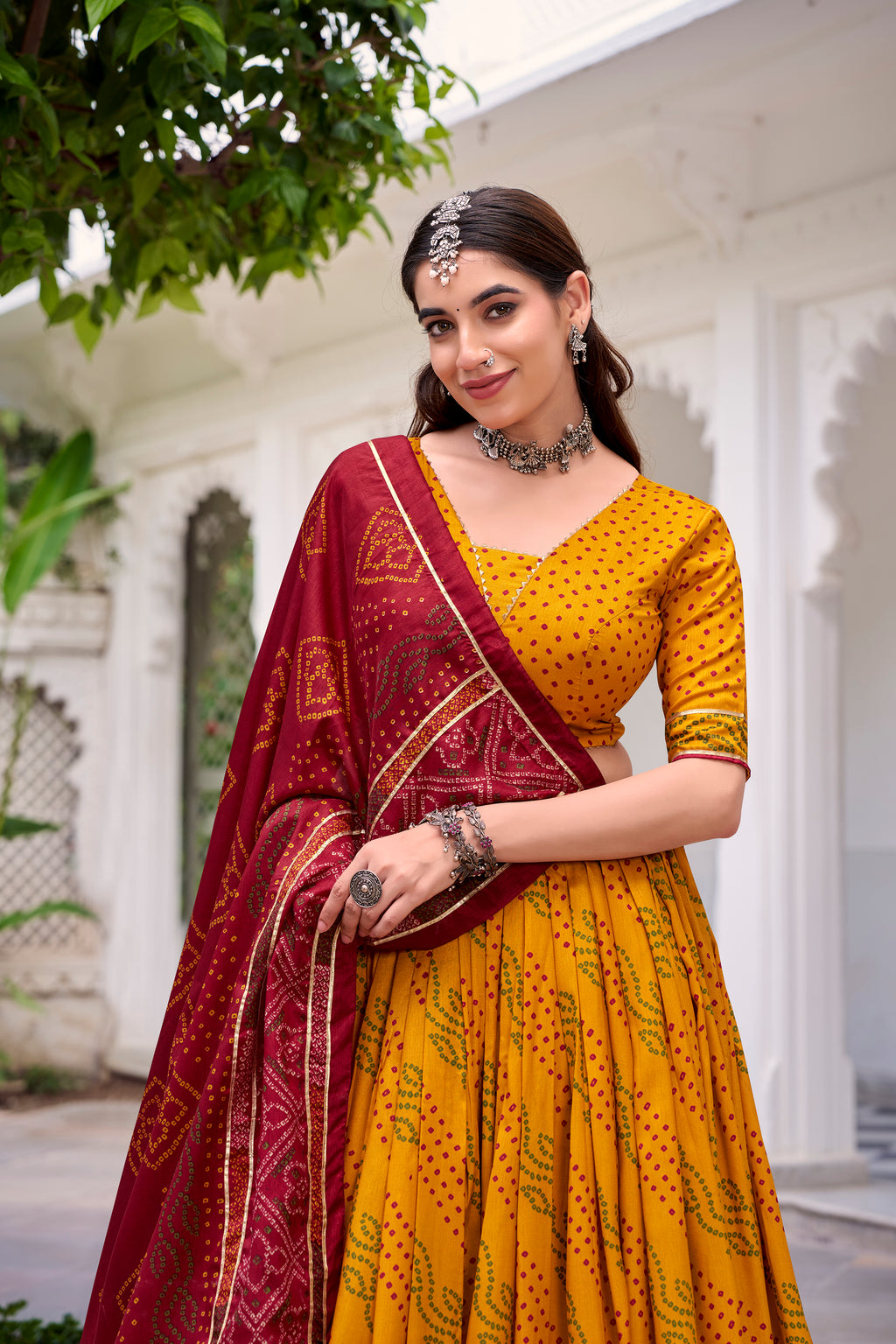 Tussar Silk Bandhej Printed Lehenga With Dupatta