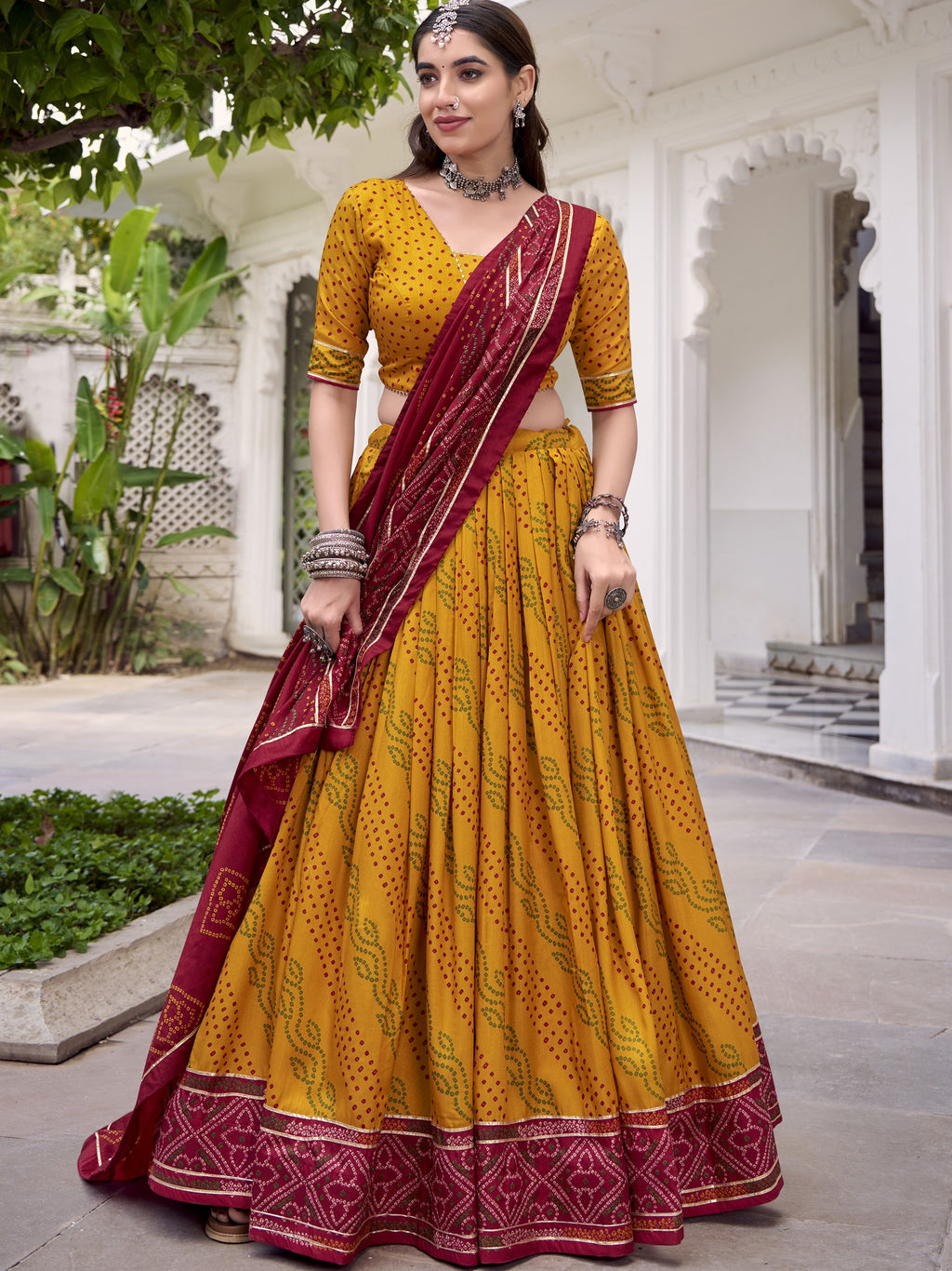 Tussar Silk Bandhej Printed Lehenga With Dupatta
