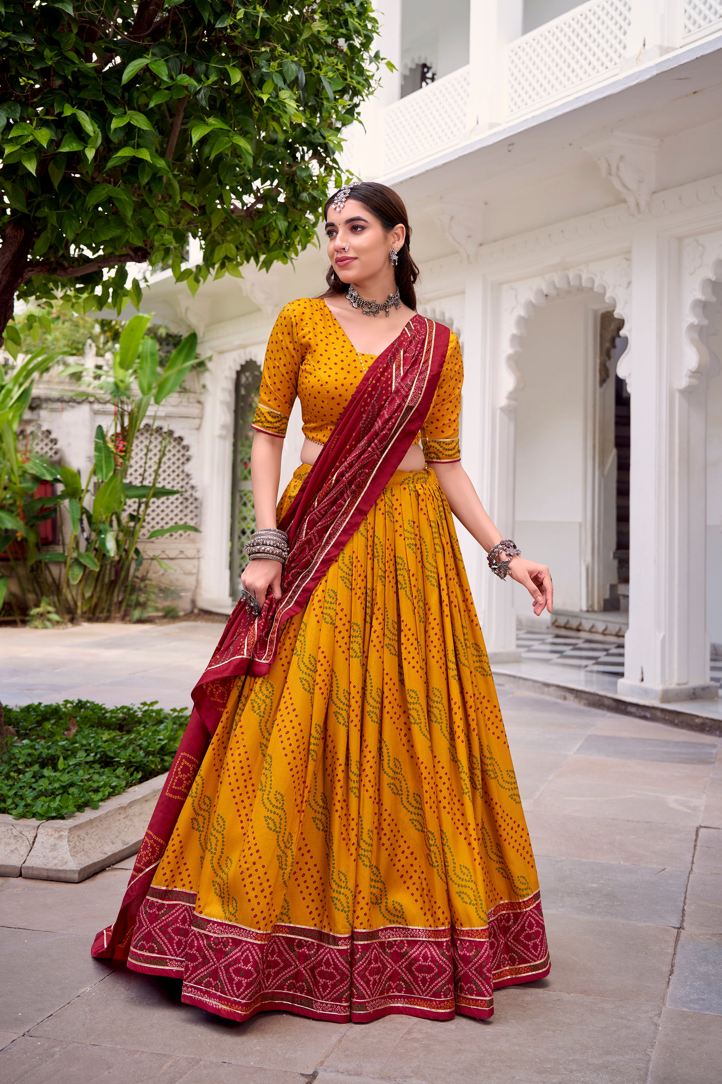 Tussar Silk Bandhej Printed Lehenga With Dupatta