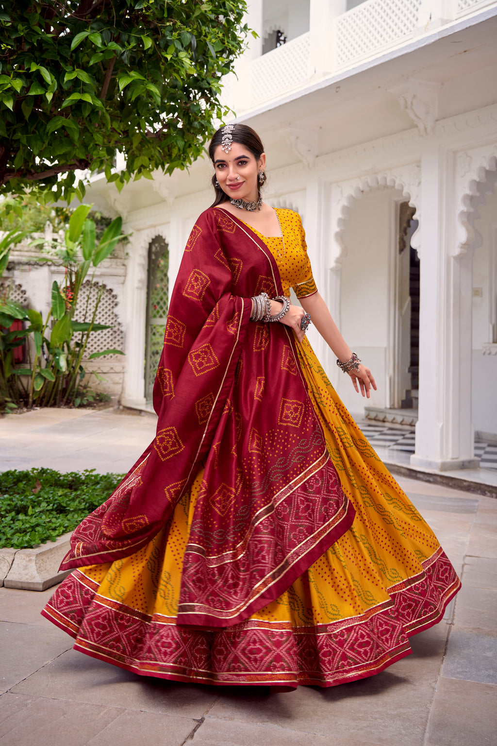 Tussar Silk Bandhej Printed Lehenga With Dupatta