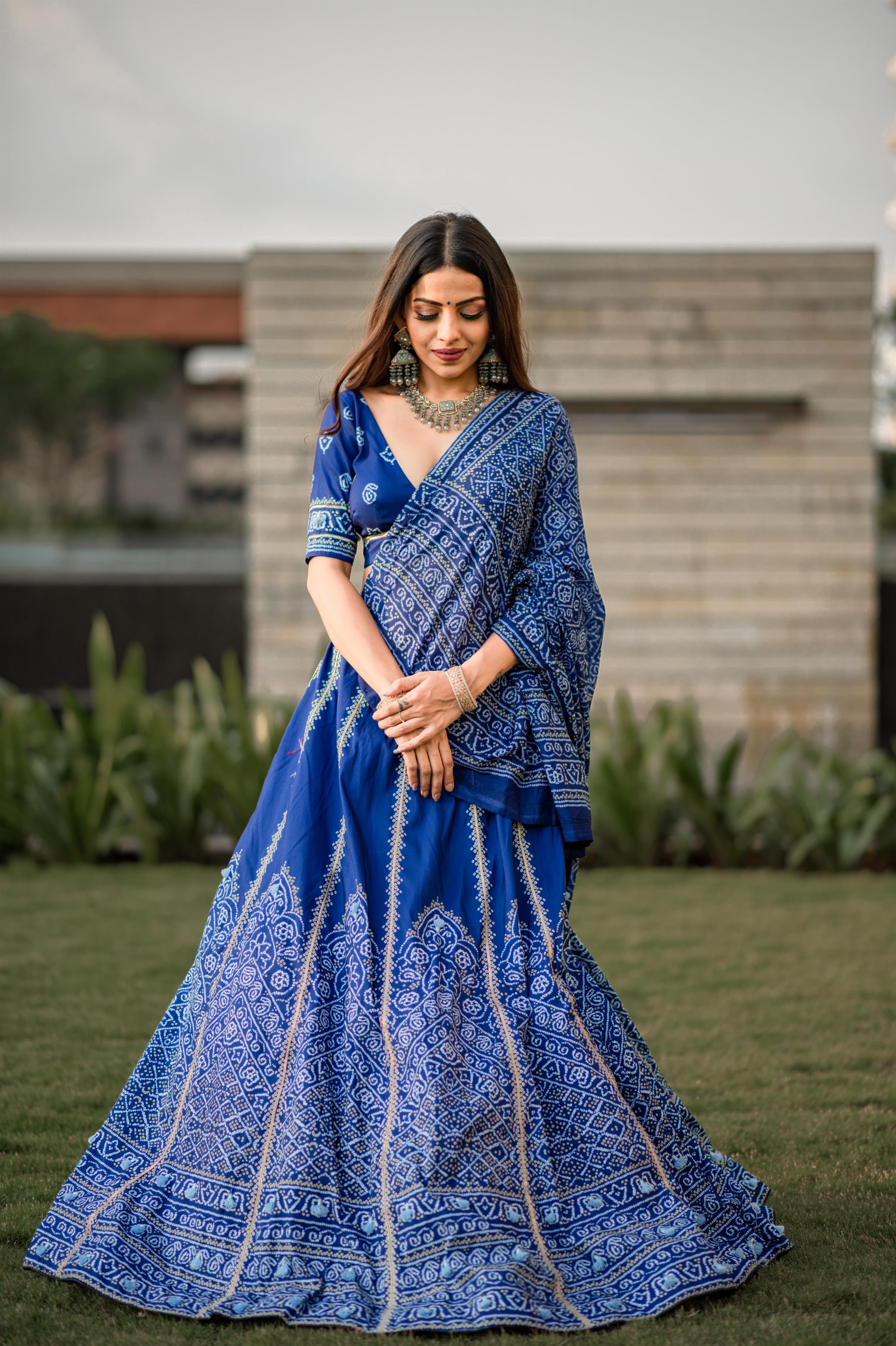 Navy Blue Printed Lehenga For Women