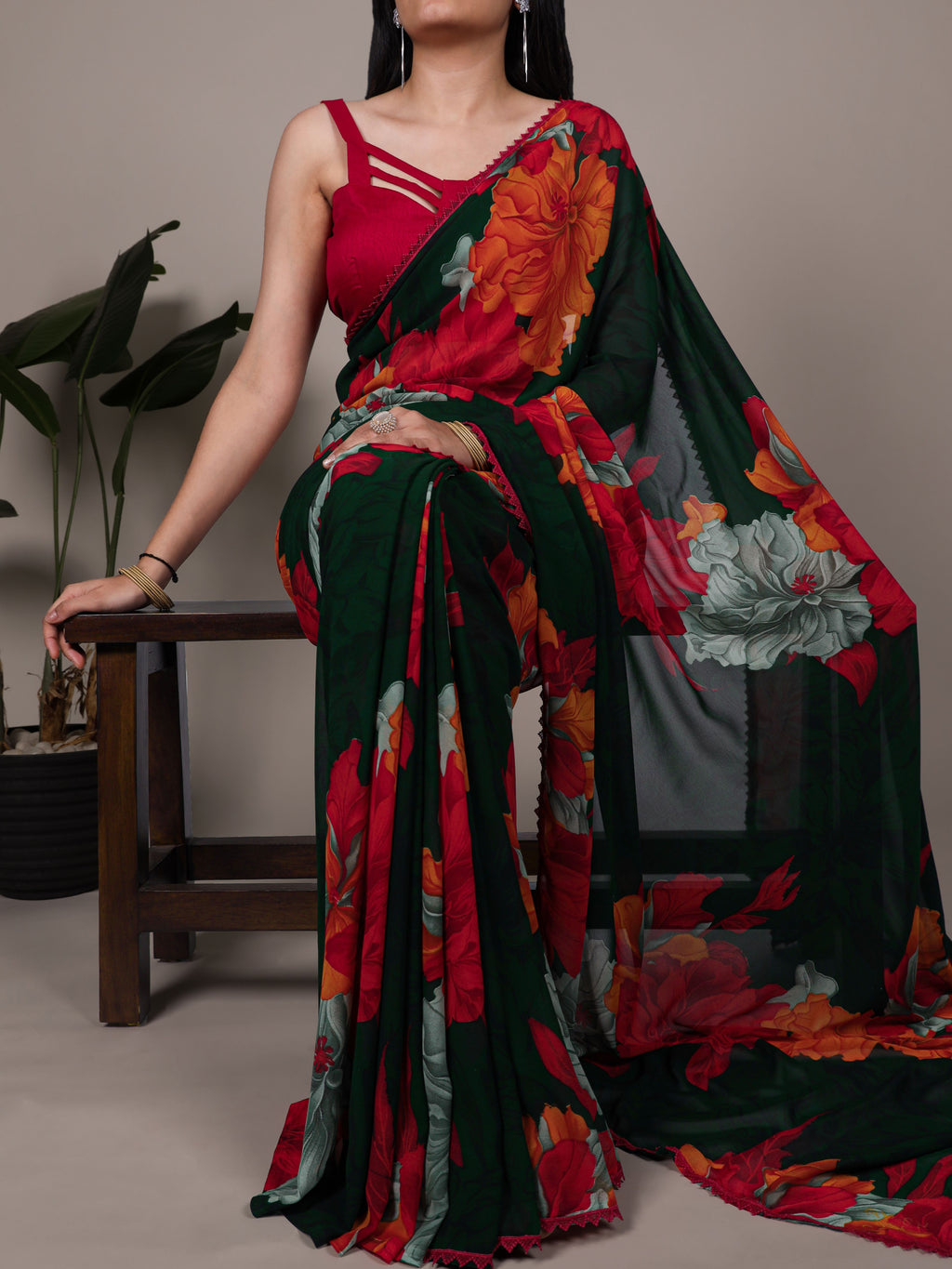Marble Floral Printed Saree With Lace Border