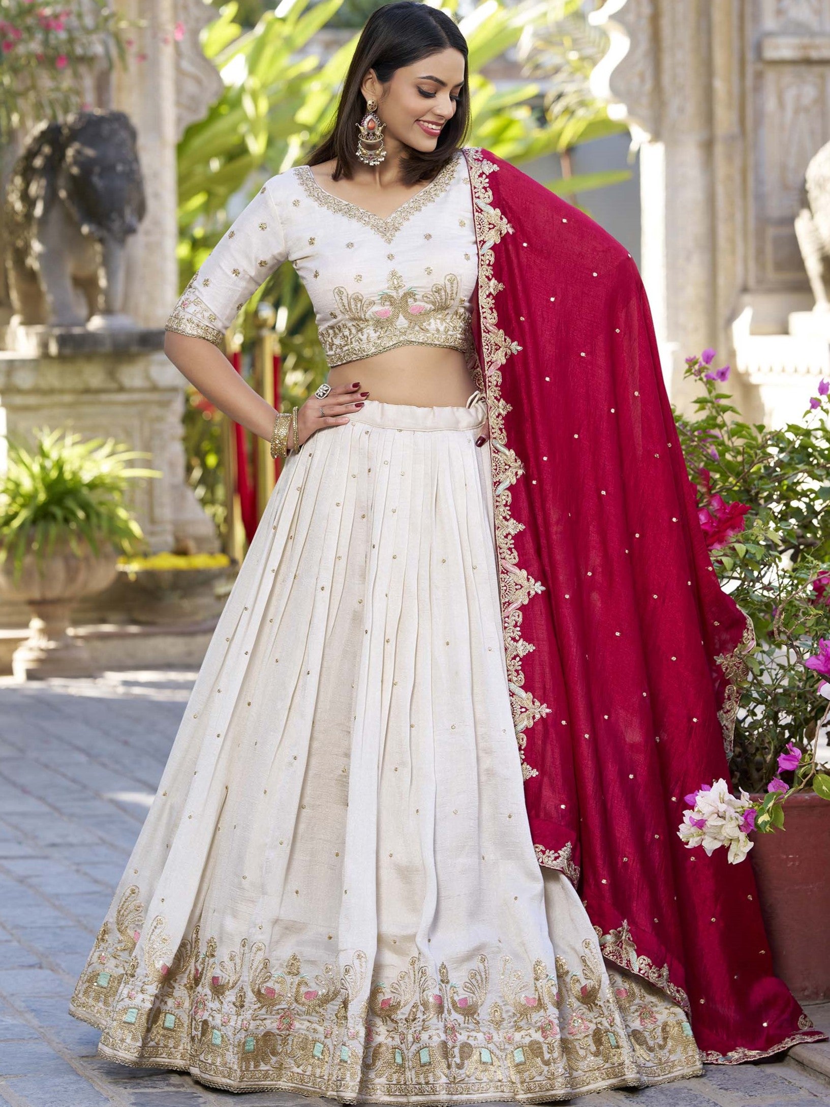 Vichitra Silk Thread Embroidered Lehenga With Dupatta