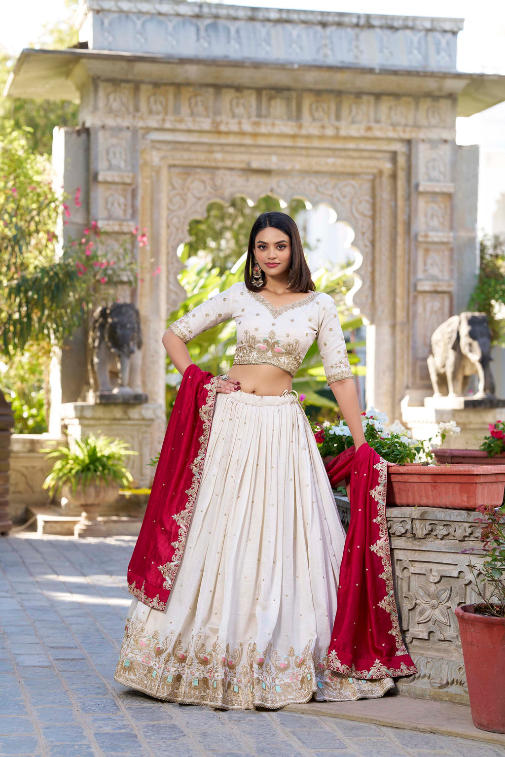 Vichitra Silk Thread Embroidered Lehenga With Dupatta