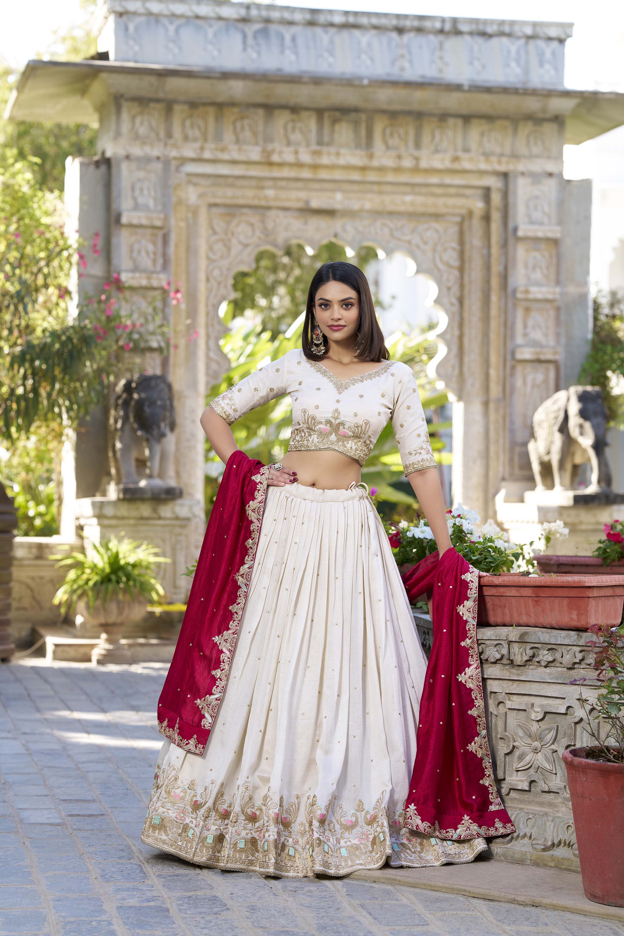 Vichitra Silk Thread Embroidered Lehenga With Dupatta