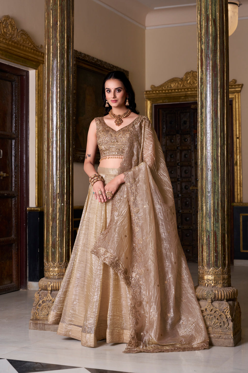 Gold Crush Plain Lehenga Embroidered For Women