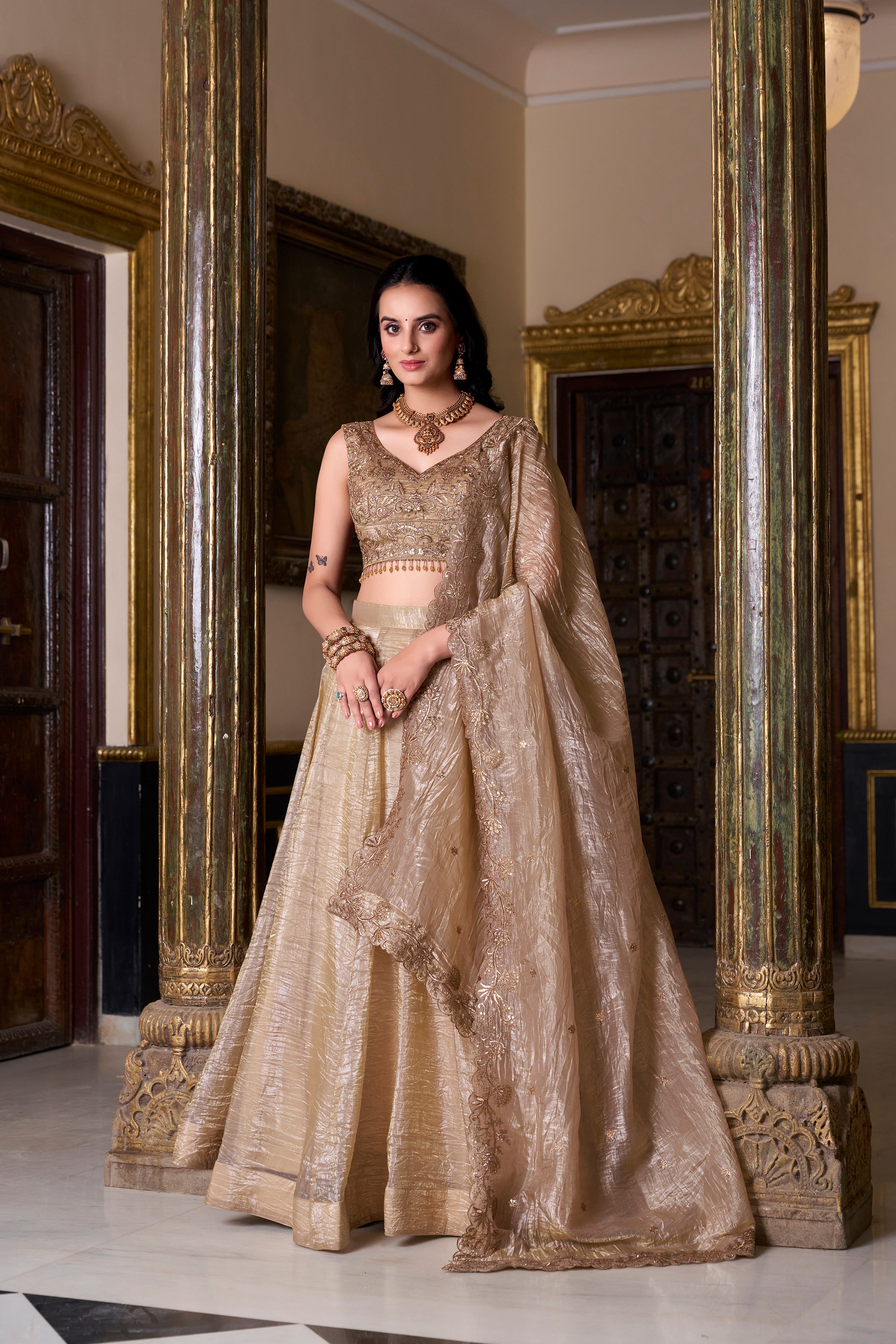 Gold Crush Plain Lehenga Embroidered For Women