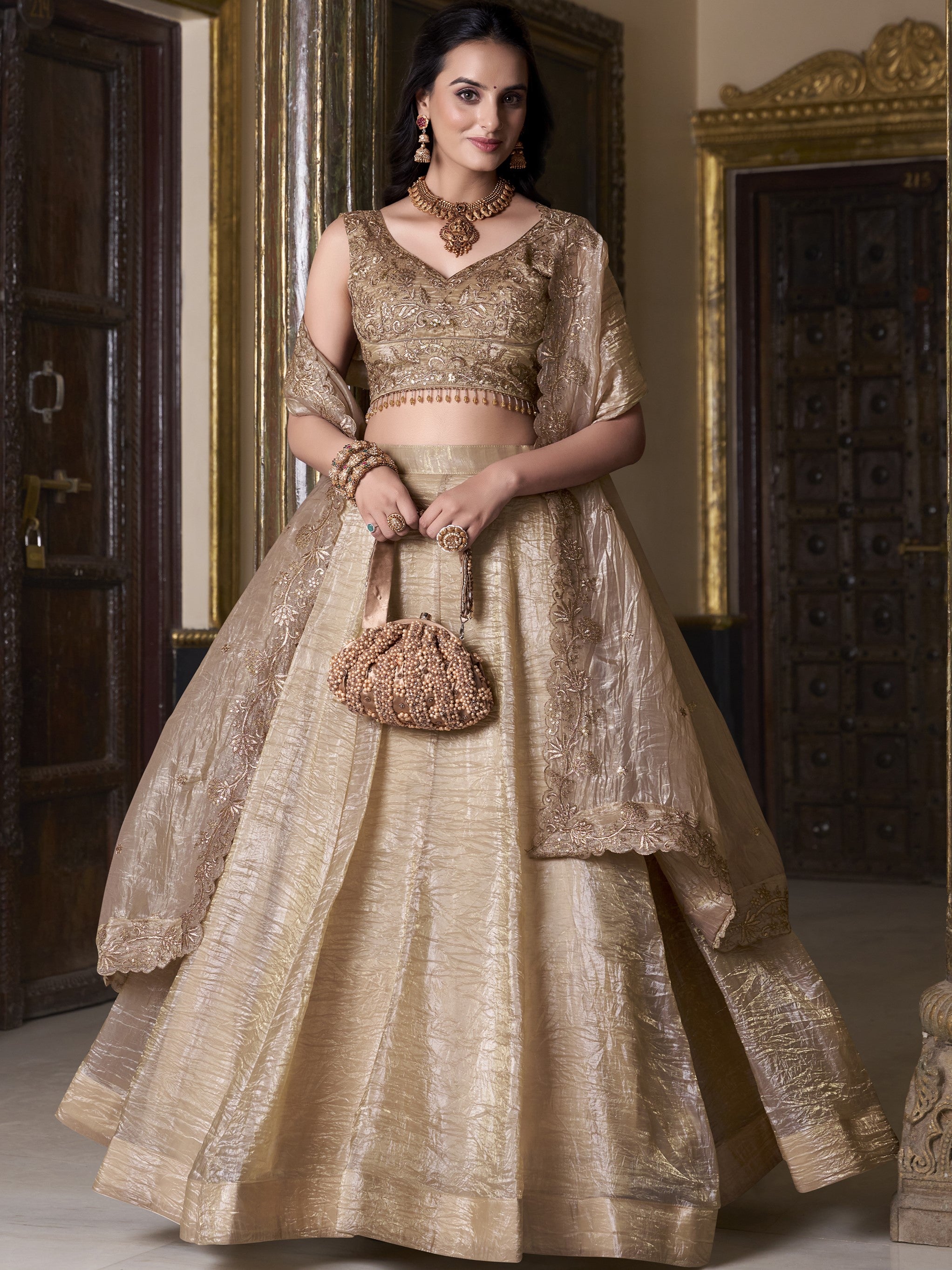 Gold Crush Plain Lehenga Embroidered For Women