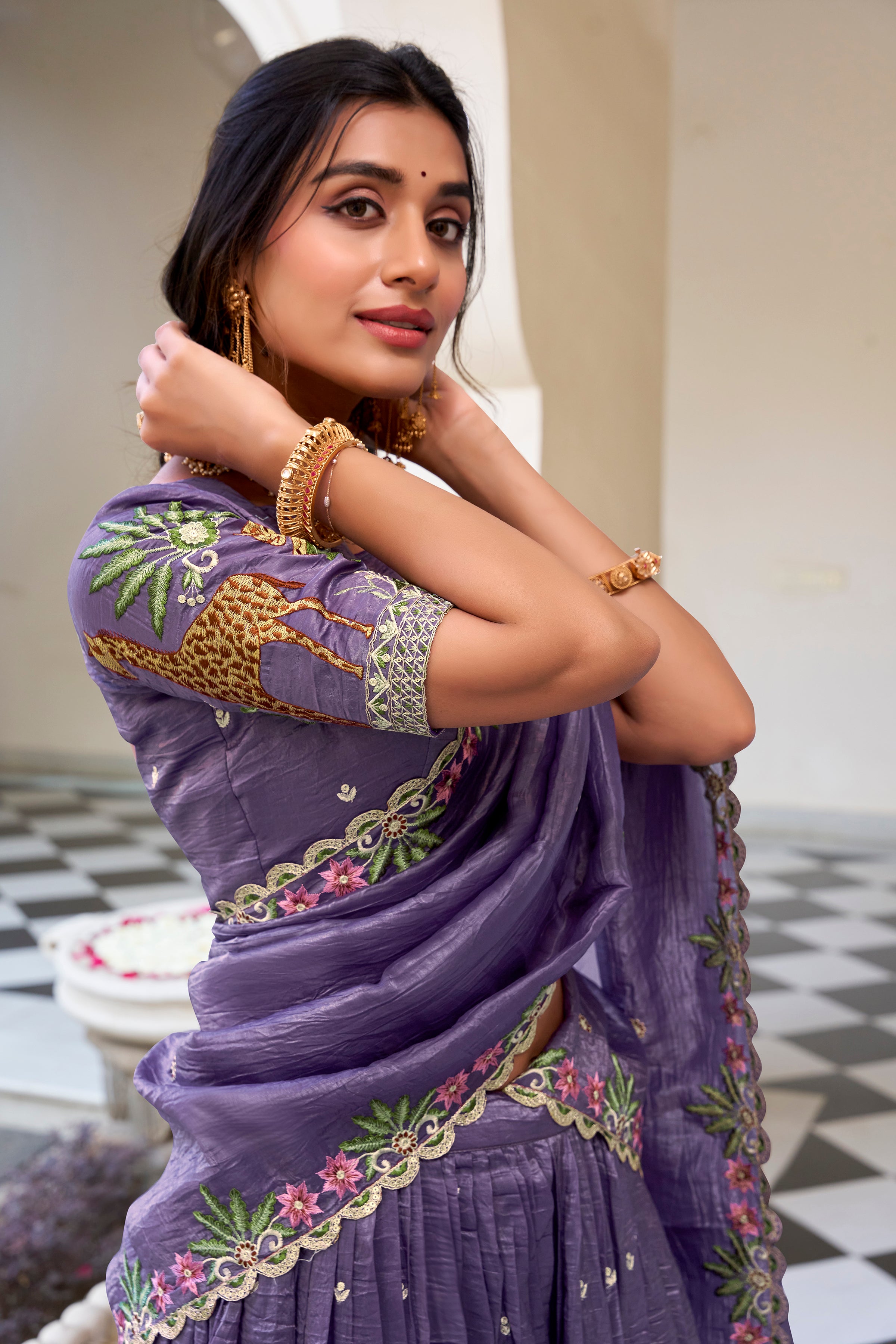 Gold Crush Thread Embroidered Lehenga For Women