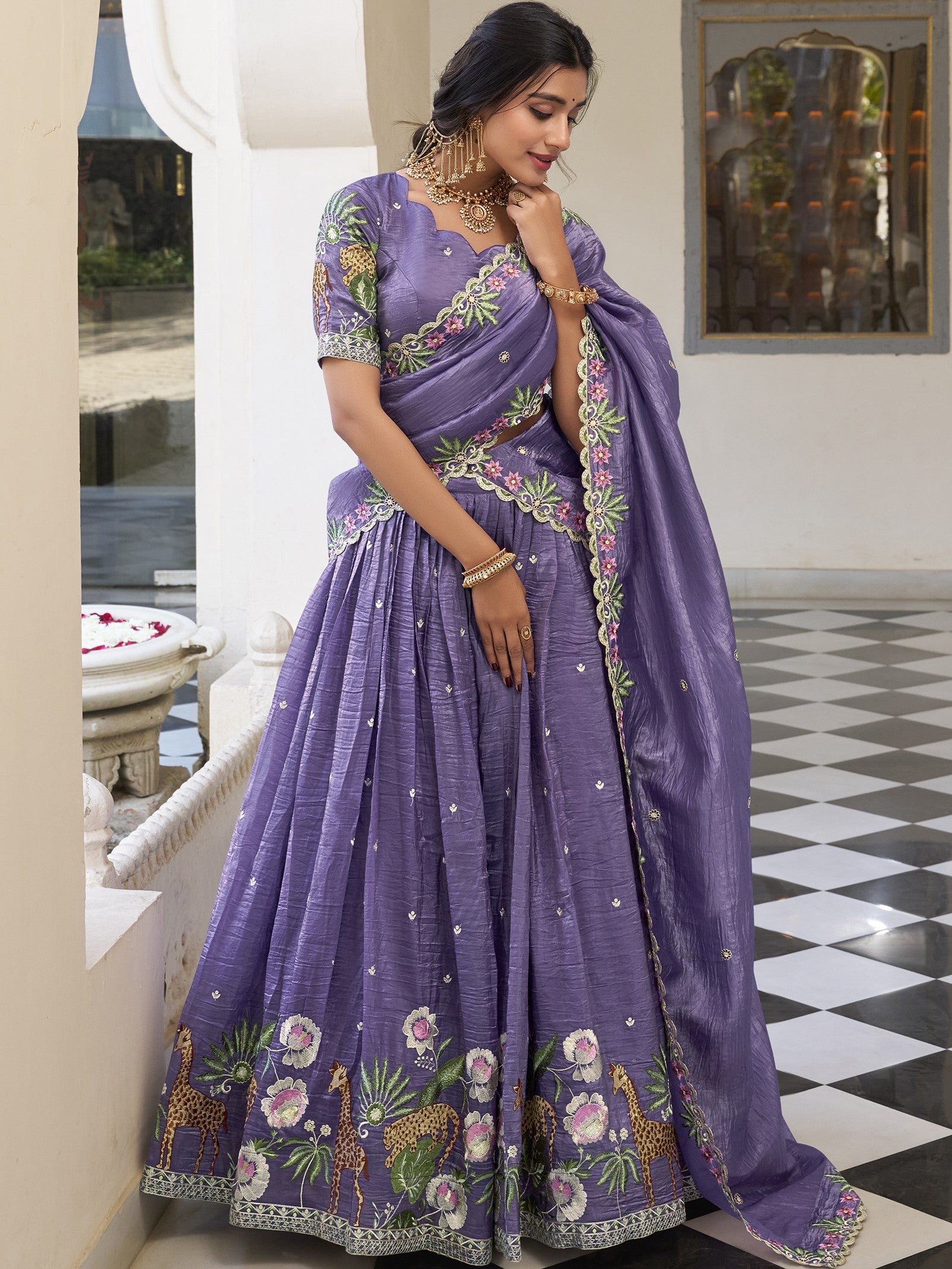 Gold Crush Thread Embroidered Lehenga For Women