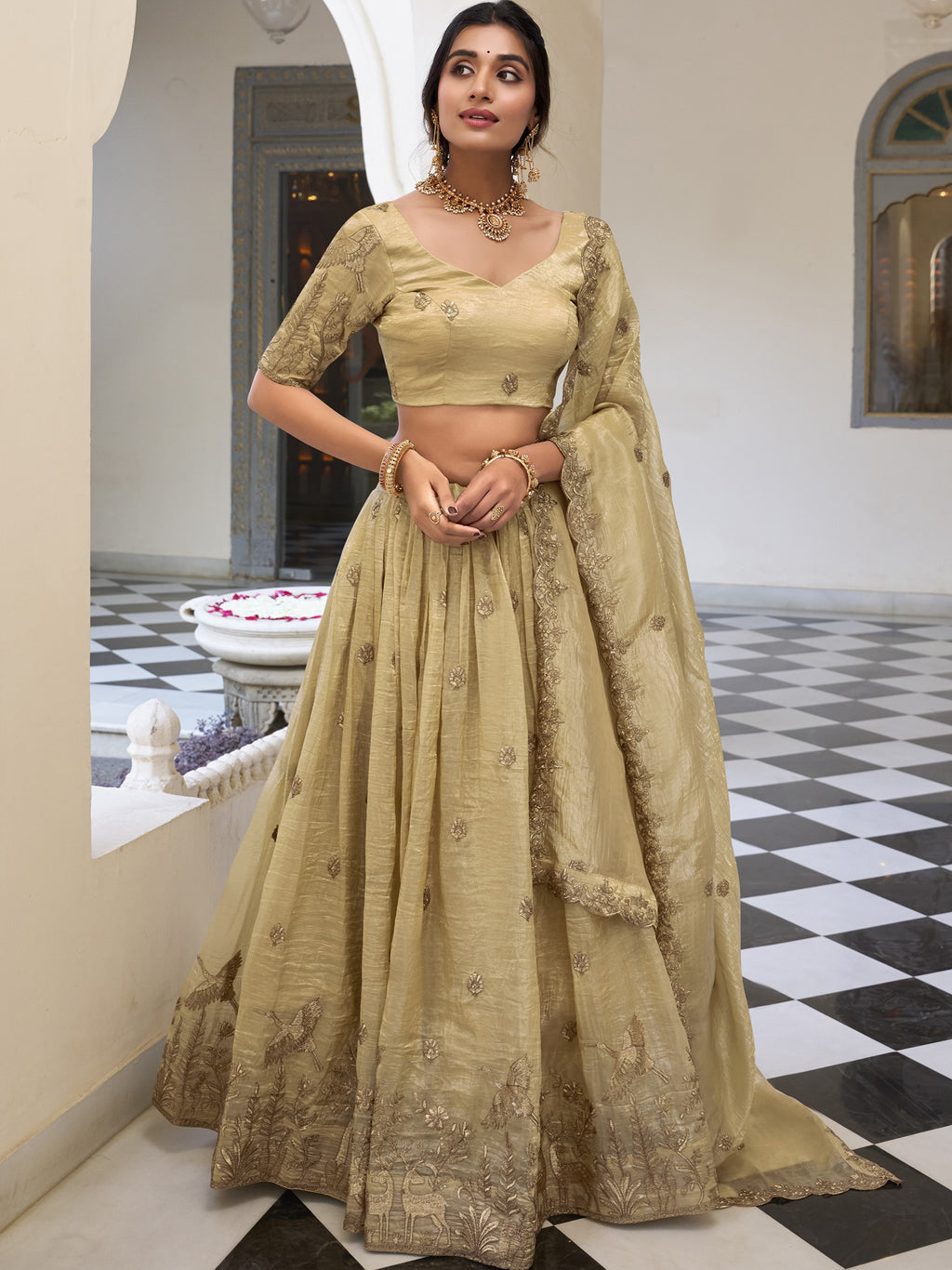 Gold Crush Thread Embroidered Lehenga For Women