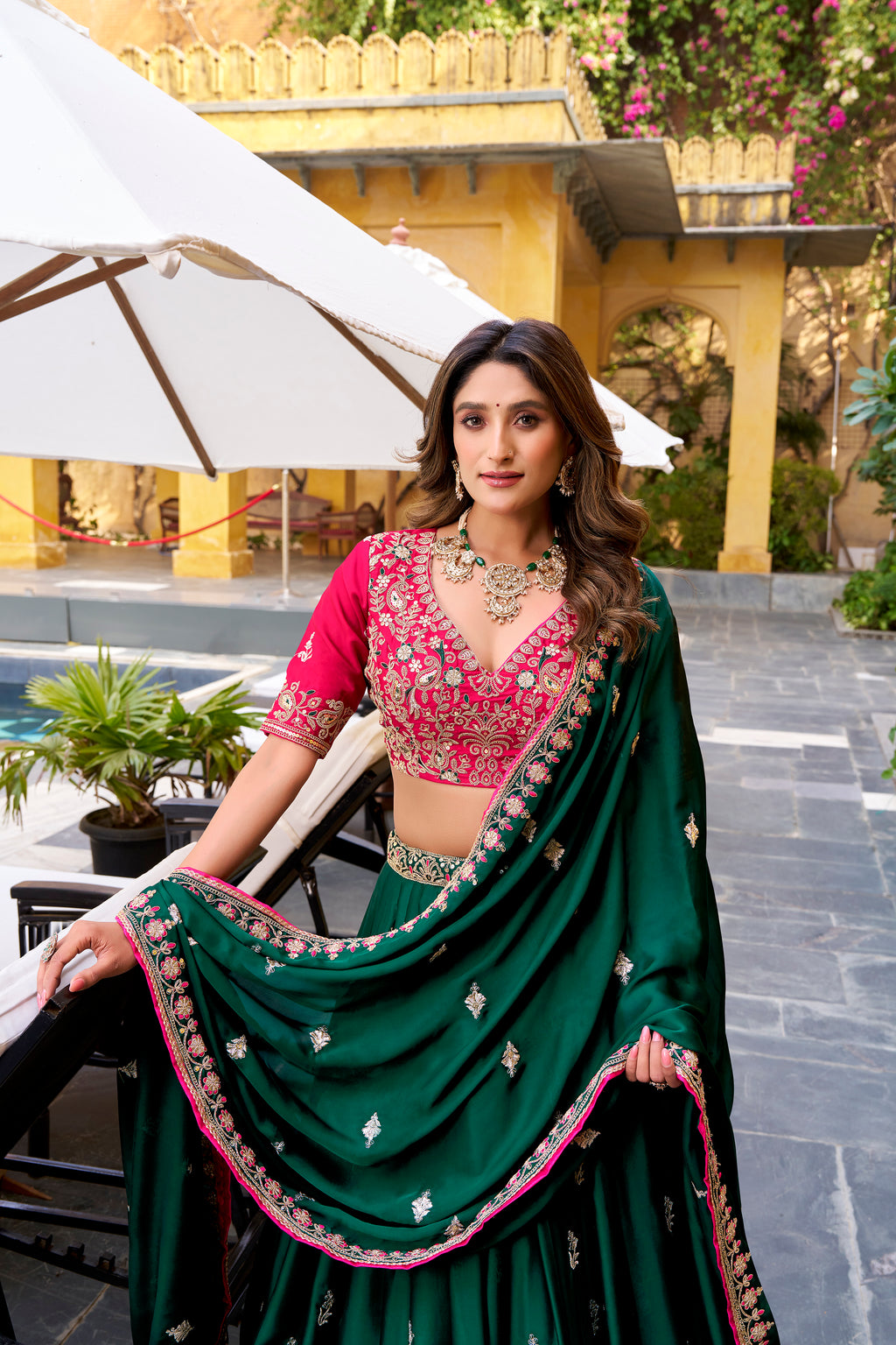Silk Satin Thread Embroidered Lehenga With Dupatta