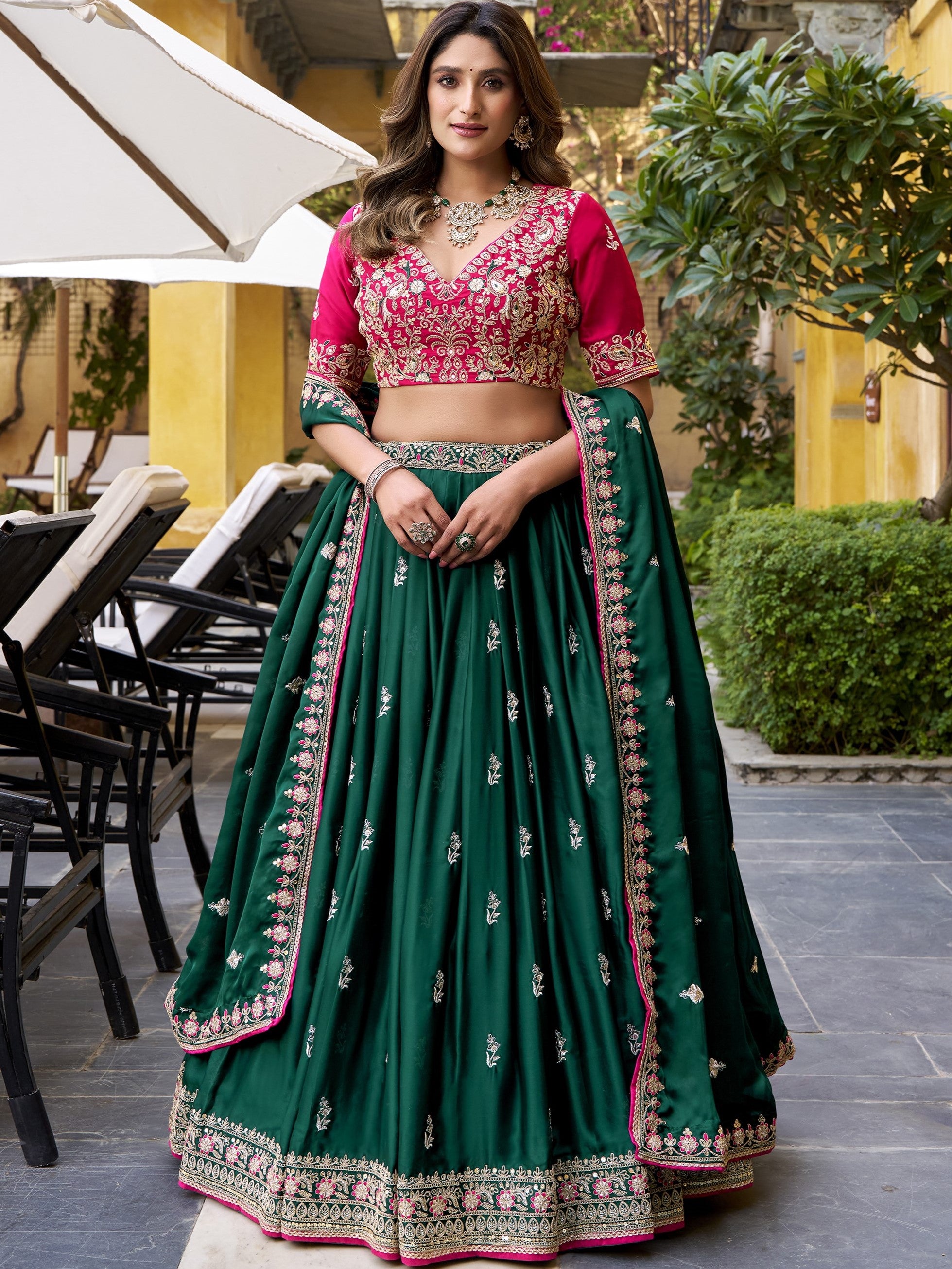 Silk Satin Thread Embroidered Lehenga With Dupatta