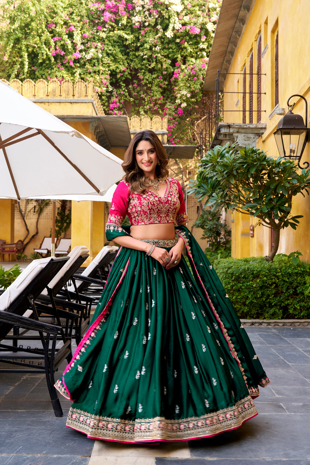 Silk Satin Thread Embroidered Lehenga With Dupatta