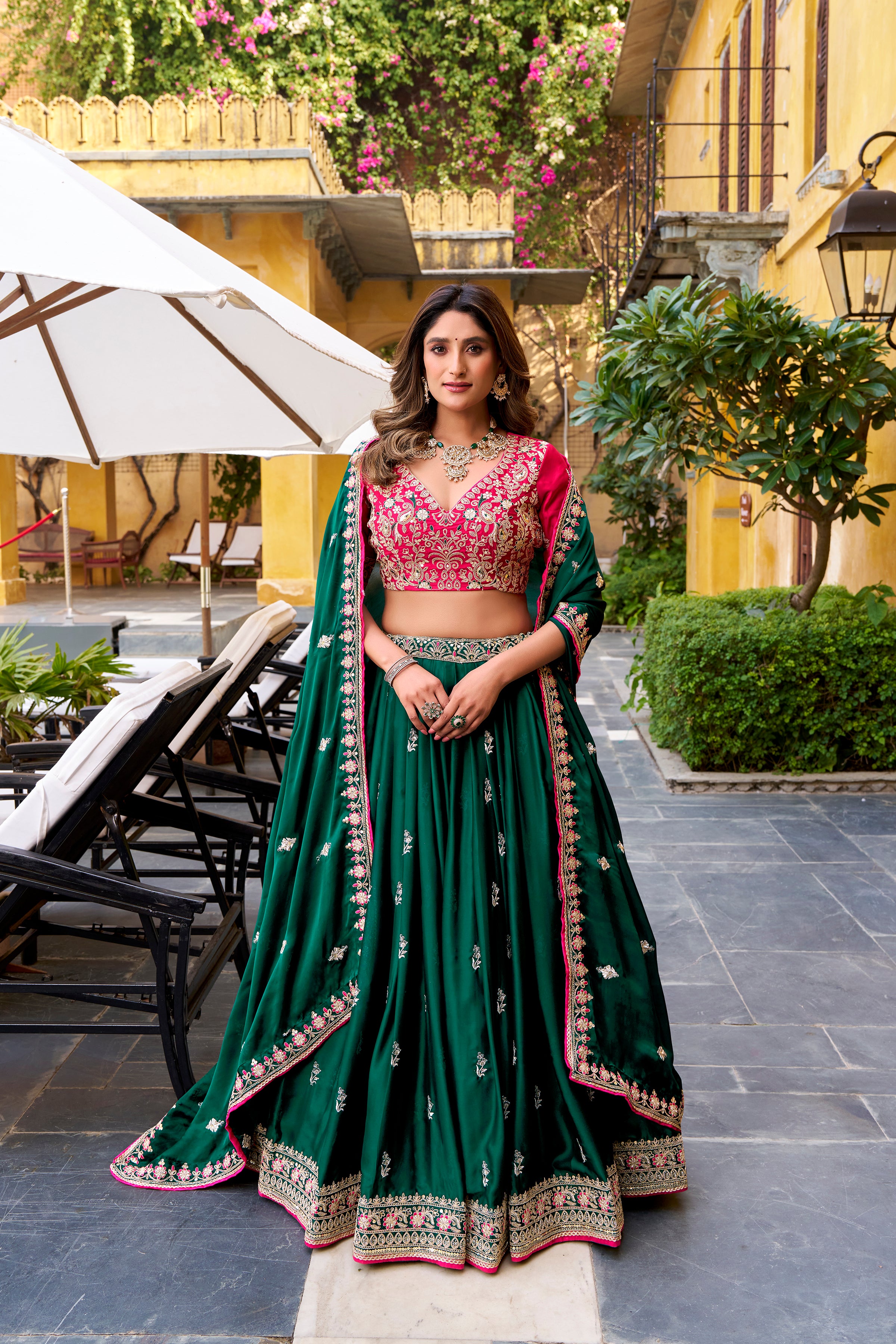 Silk Satin Thread Embroidered Lehenga With Dupatta