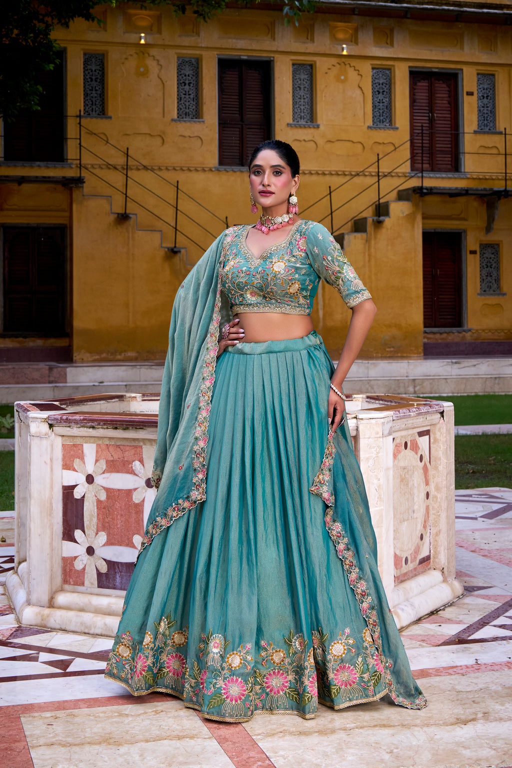 Zari Shimmer Thread Embroidered Lehenga With Dupatta