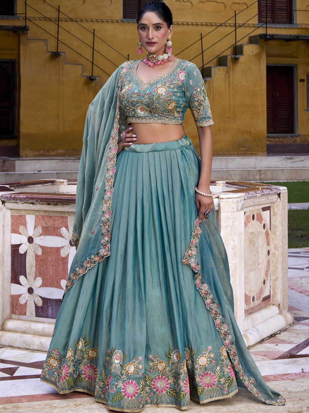 Zari Shimmer Thread Embroidered Lehenga With Dupatta