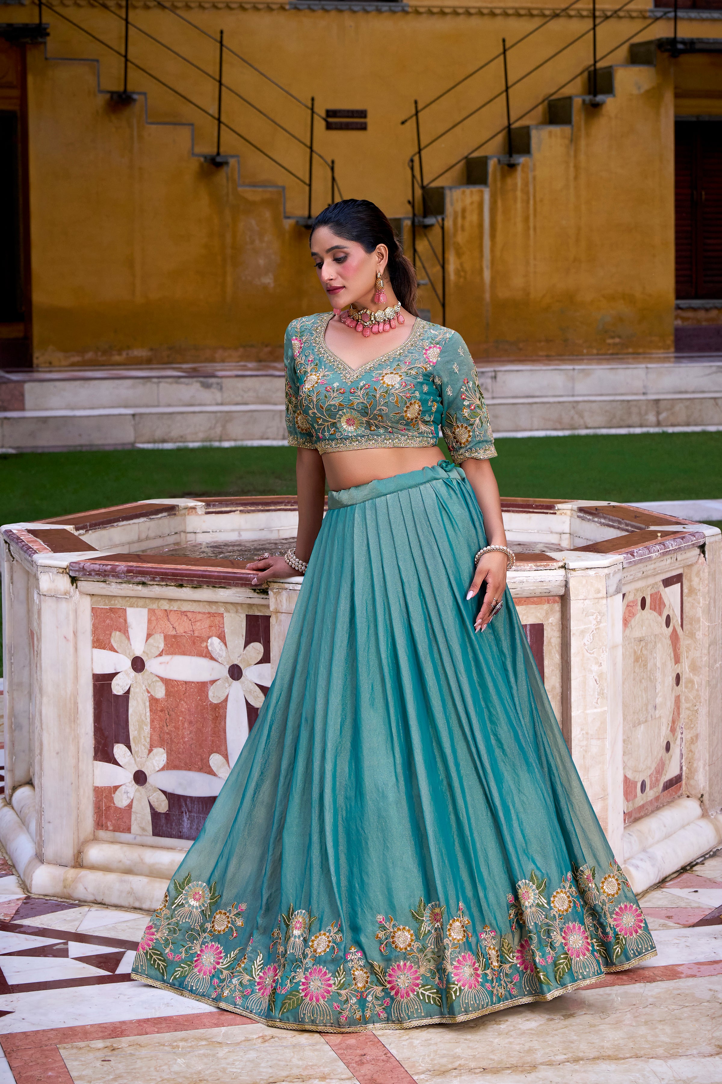 Zari Shimmer Thread Embroidered Lehenga With Dupatta