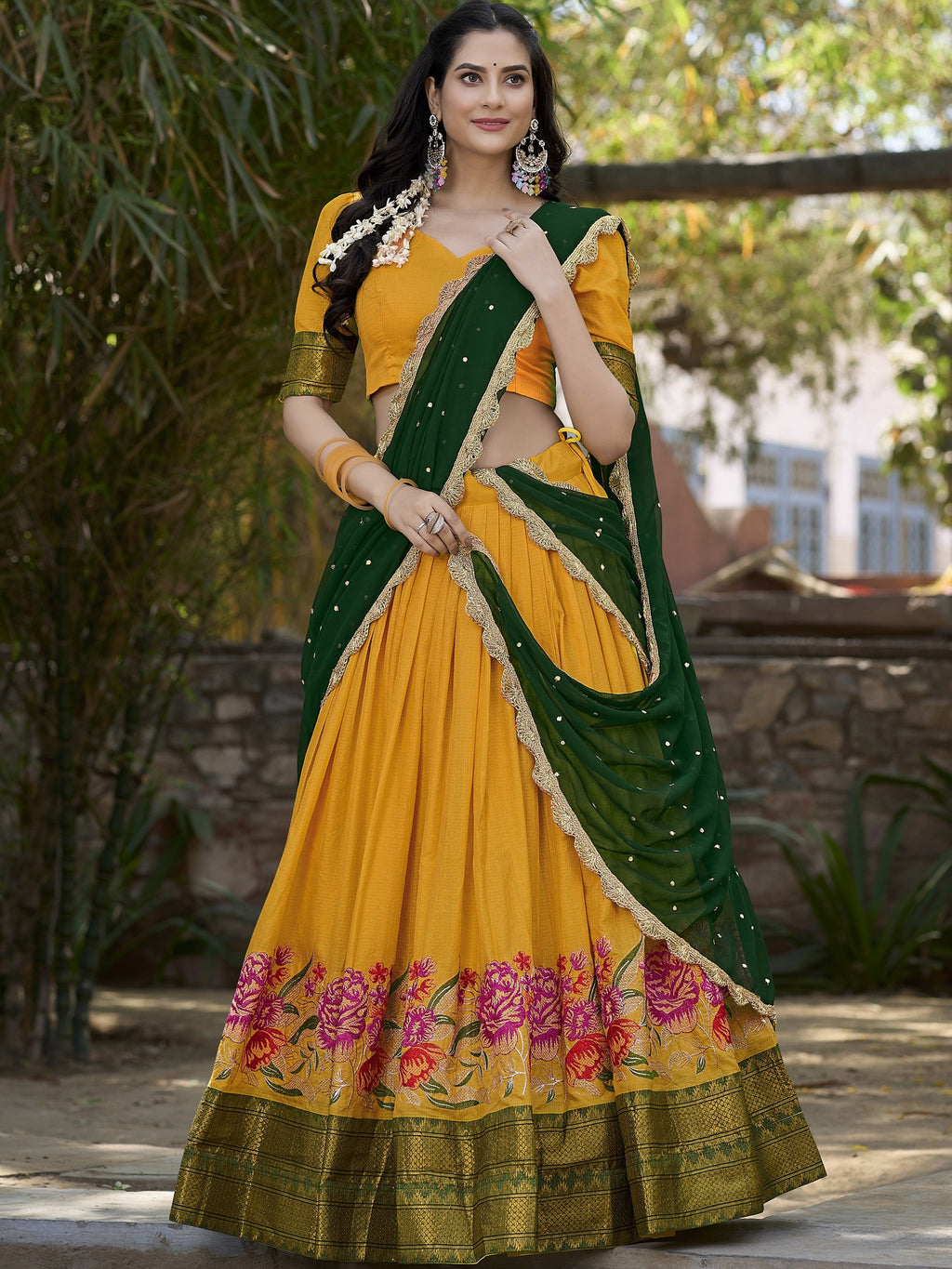 Cotton Silk Embroidered Lehenga With Georgette Dupatta